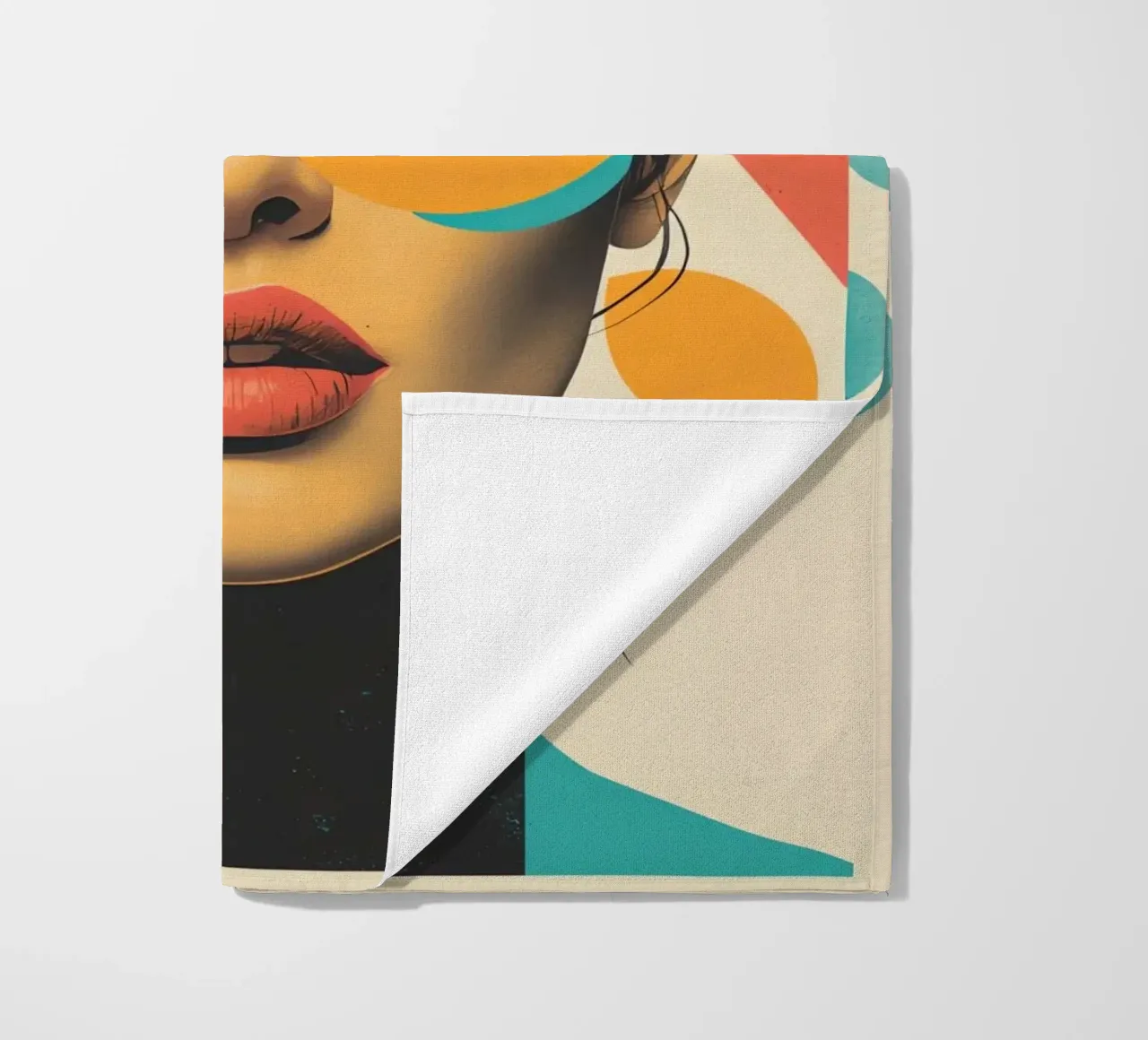 Volto di donna con sovrapposizione di forme geometriche in pastello telo mare da DesignDoodle