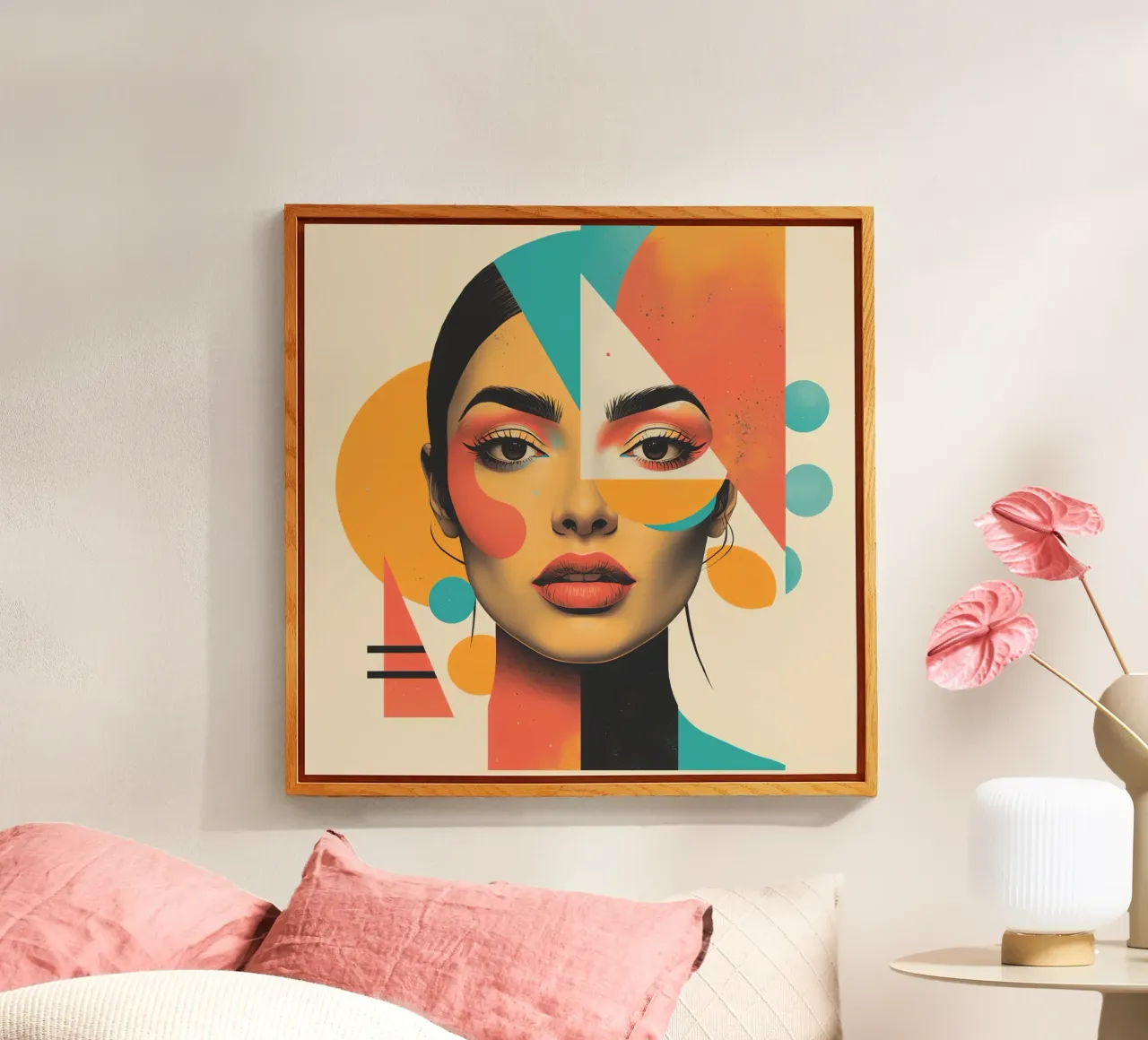Volto di donna con sovrapposizione di forme geometriche in pastello plexiglass da DesignDoodle