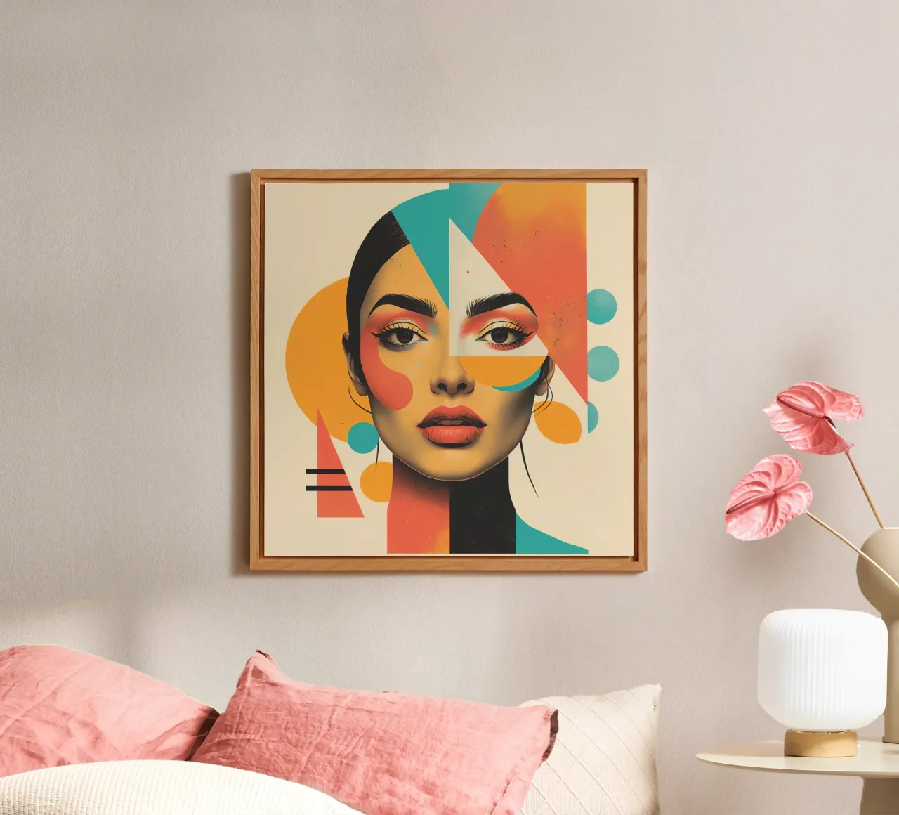 Volto di donna con sovrapposizione di forme geometriche in pastello alluminio dibond da DesignDoodle