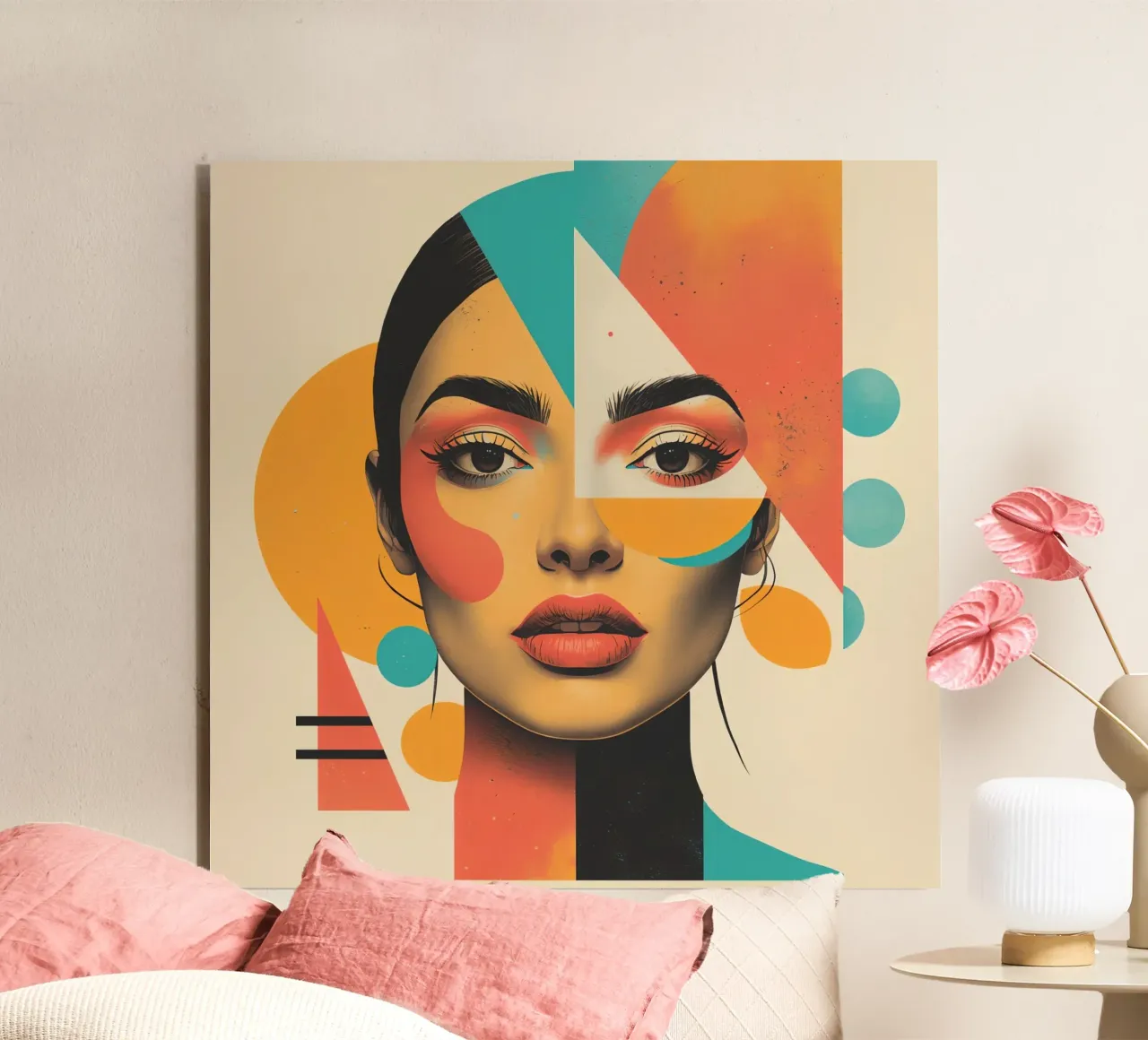 Volto di donna con sovrapposizione di forme geometriche in pastello alluminio dibond da DesignDoodle