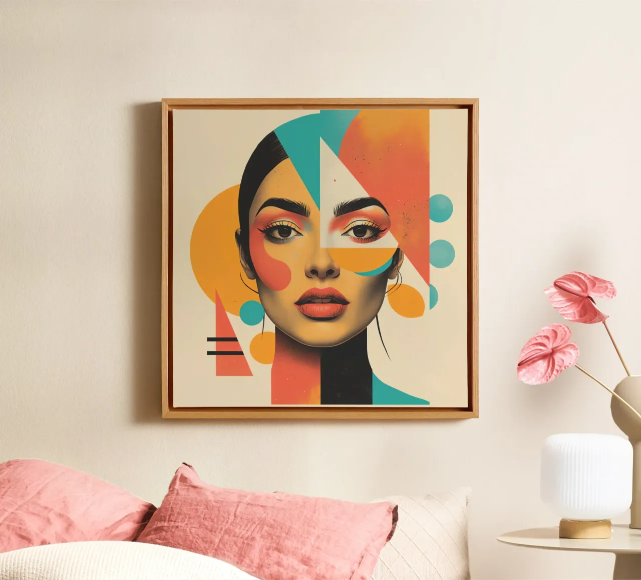 Volto di donna con sovrapposizione di forme geometriche in pastello tela con Cornice a cassetta da DesignDoodle