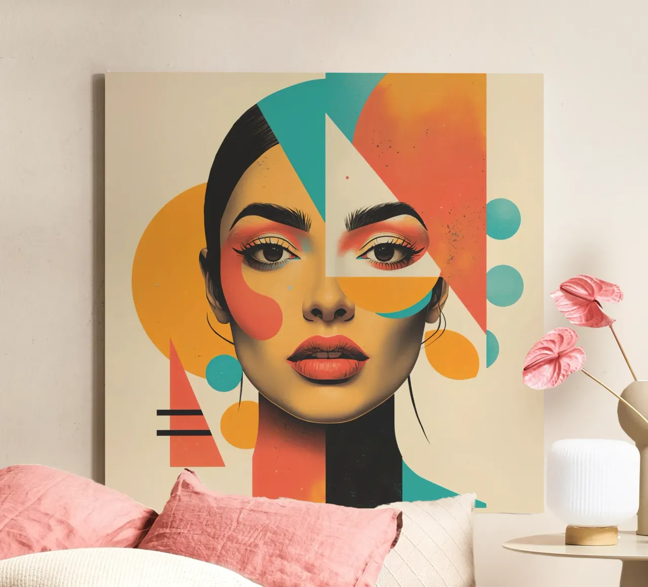 Volto di donna con sovrapposizione di forme geometriche in pastello tela con Cornice a cassetta da DesignDoodle