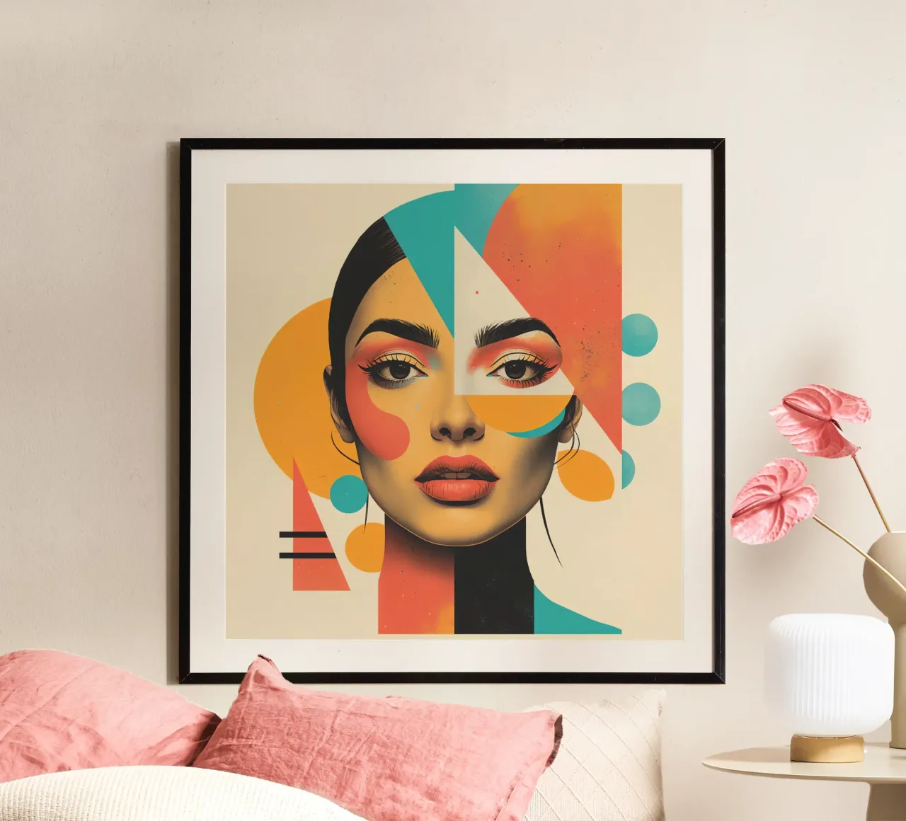 Volto di donna con sovrapposizione di forme geometriche in pastello poster con telaio in legno da DesignDoodle