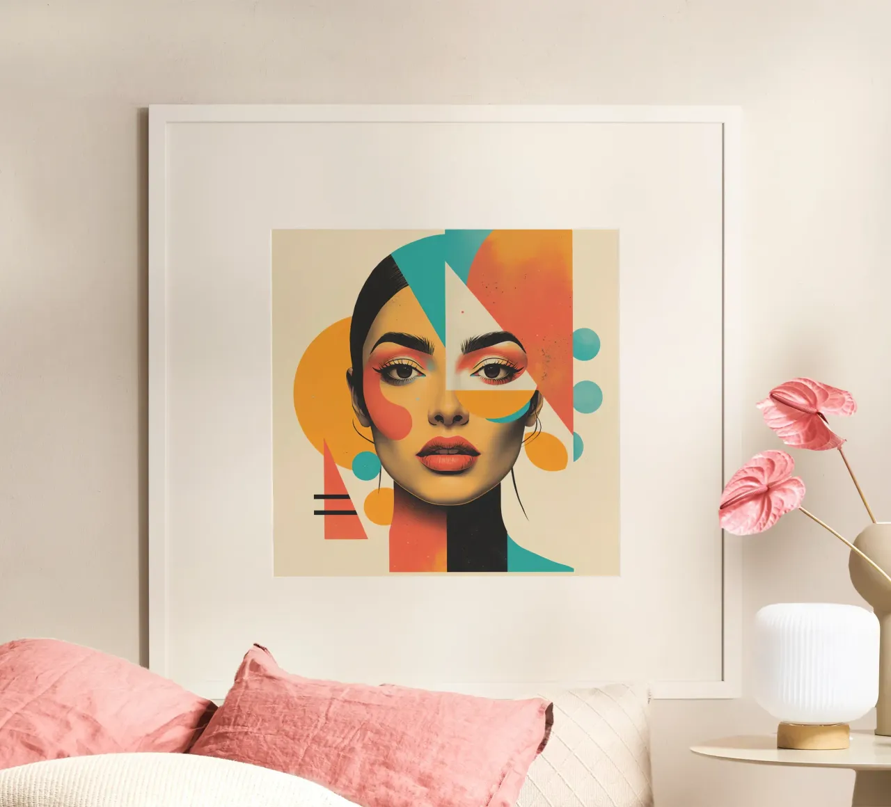 Volto di donna con sovrapposizione di forme geometriche in pastello poster con telaio in legno da DesignDoodle