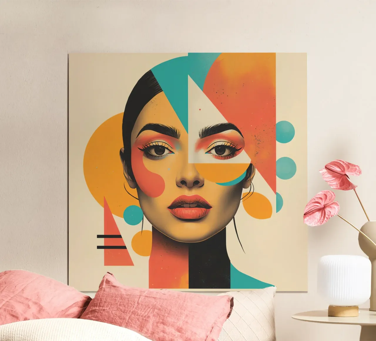 Volto di donna con sovrapposizione di forme geometriche in pastello poster con telaio in legno da DesignDoodle