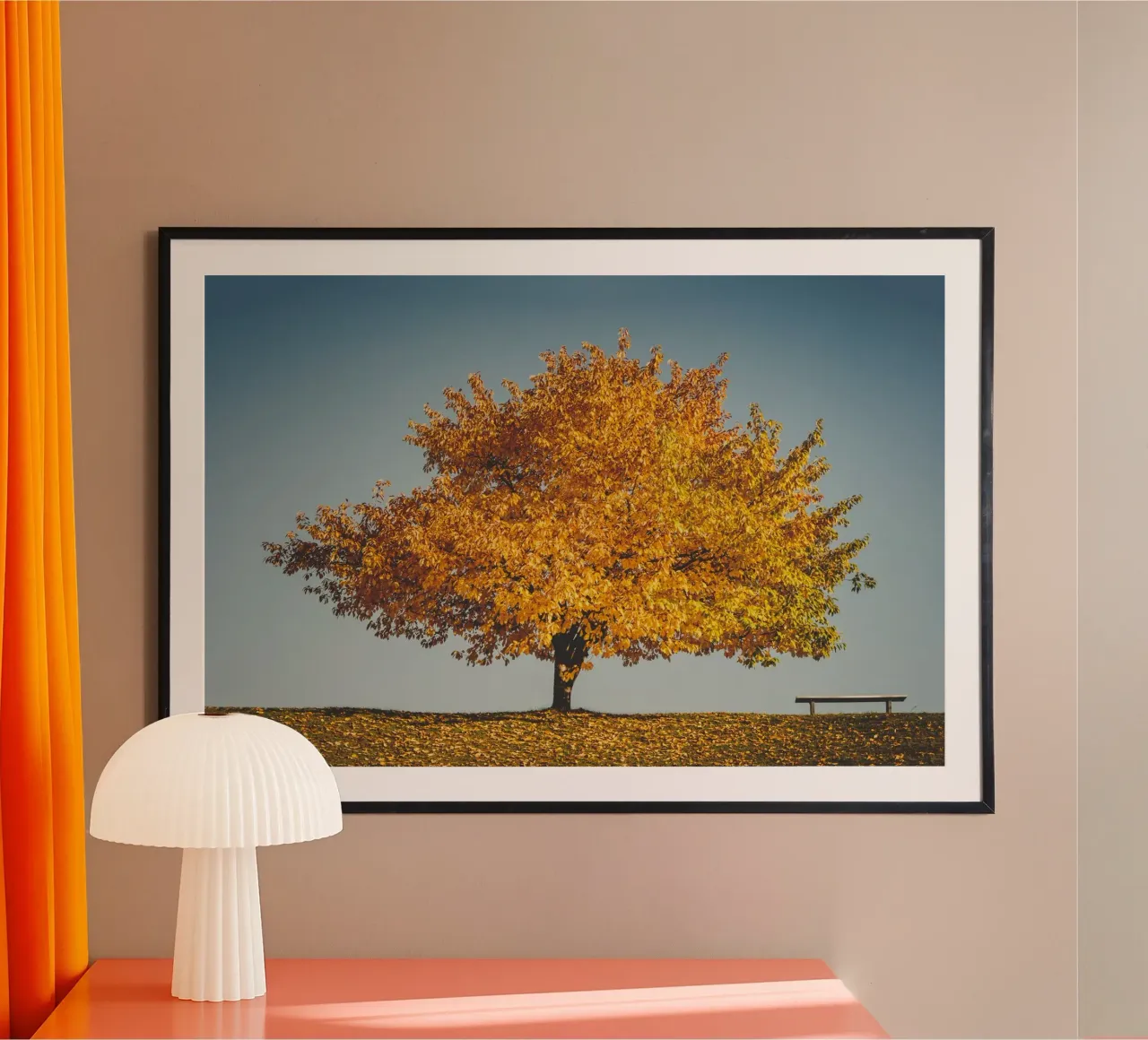 Autunno dorato - L'albero e la panchina poster con telaio in alluminio da Natur Wandbild — Orte für die Seele