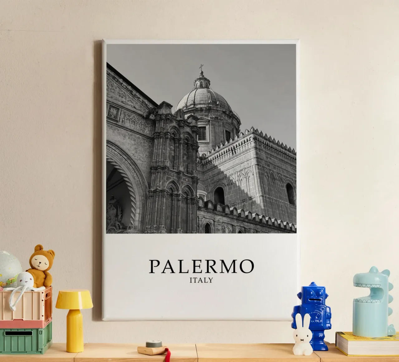 Palermo Sicily Italy Architecture Scene Greyscale canvas with Floater frame by Charnwood Prints