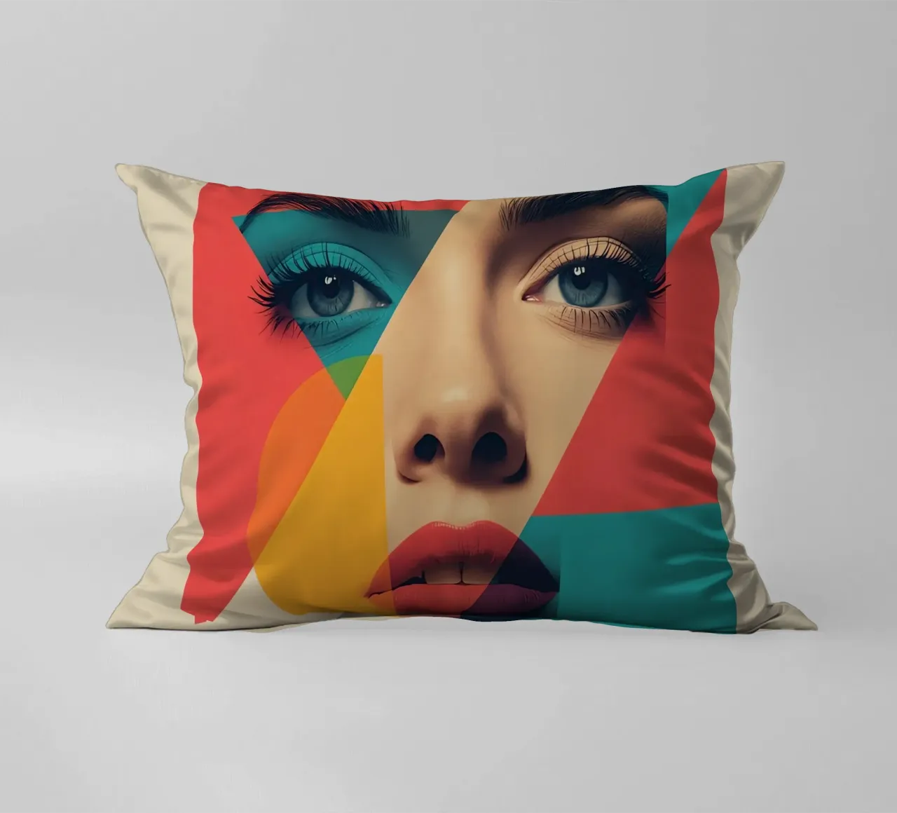 Modello di viso di donna con sovrapposizione di forme geometriche cuscino da DesignDoodle
