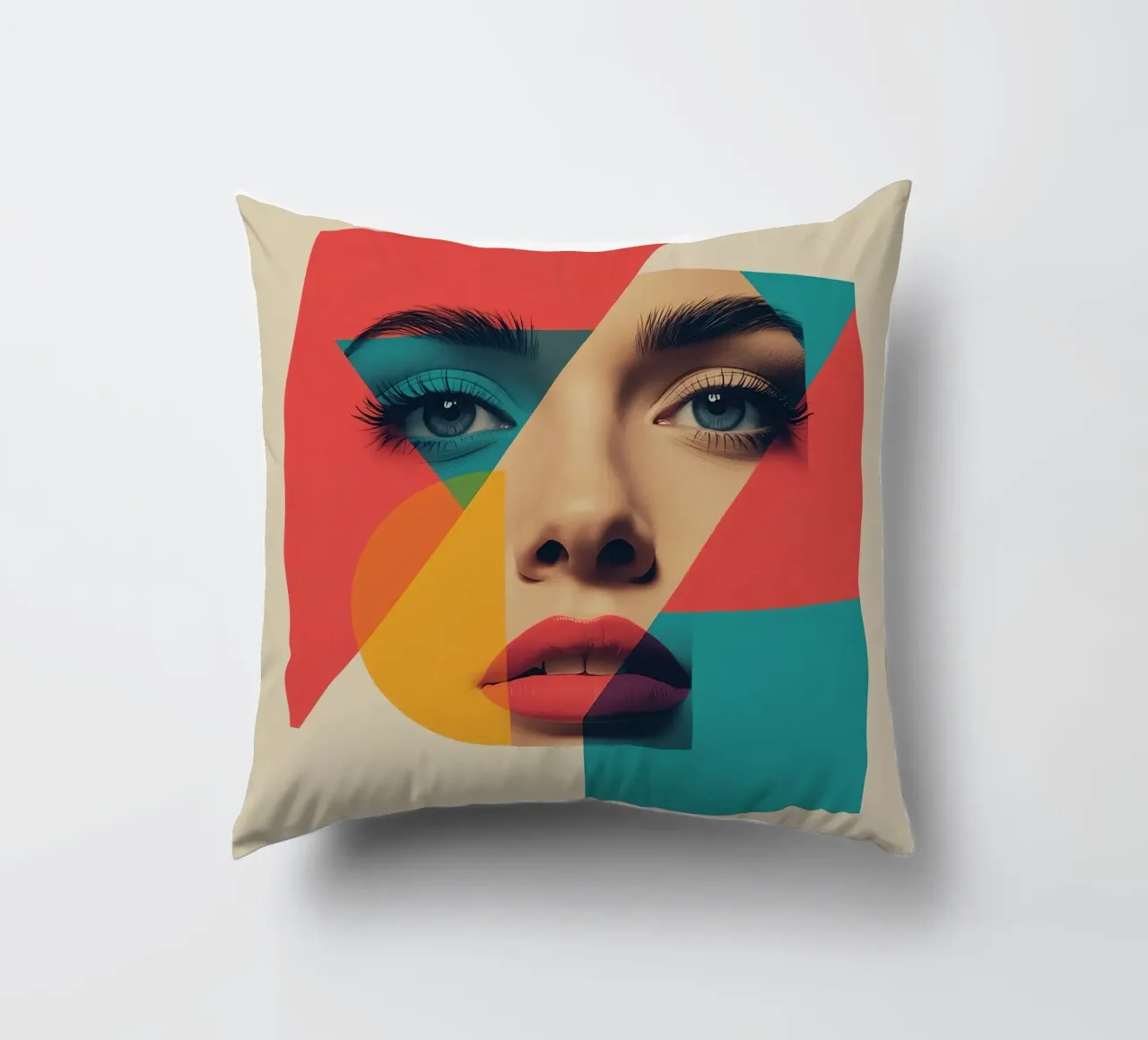 Modello di viso di donna con sovrapposizione di forme geometriche cuscino da DesignDoodle