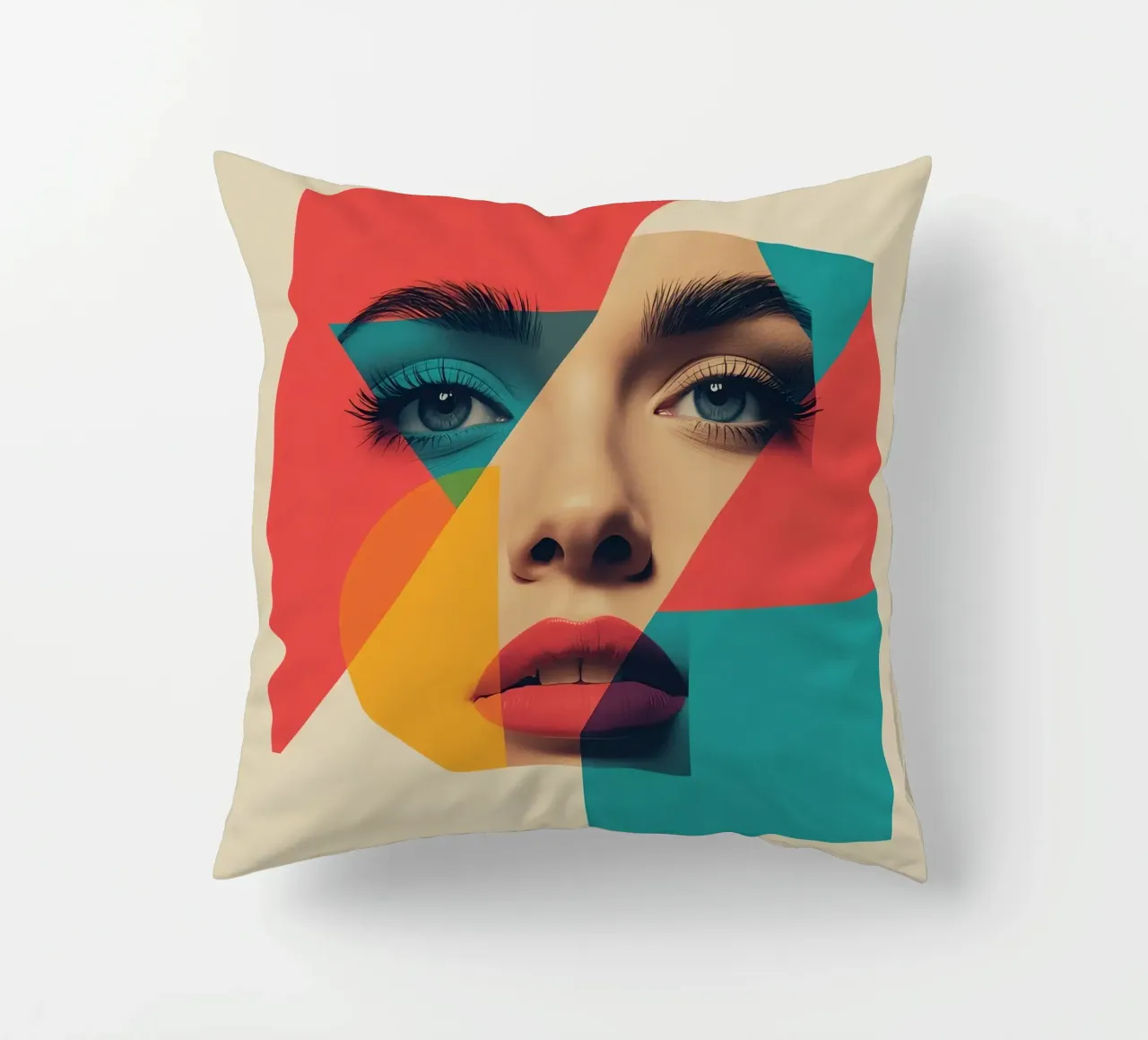 Modello di viso di donna con sovrapposizione di forme geometriche cuscino da DesignDoodle