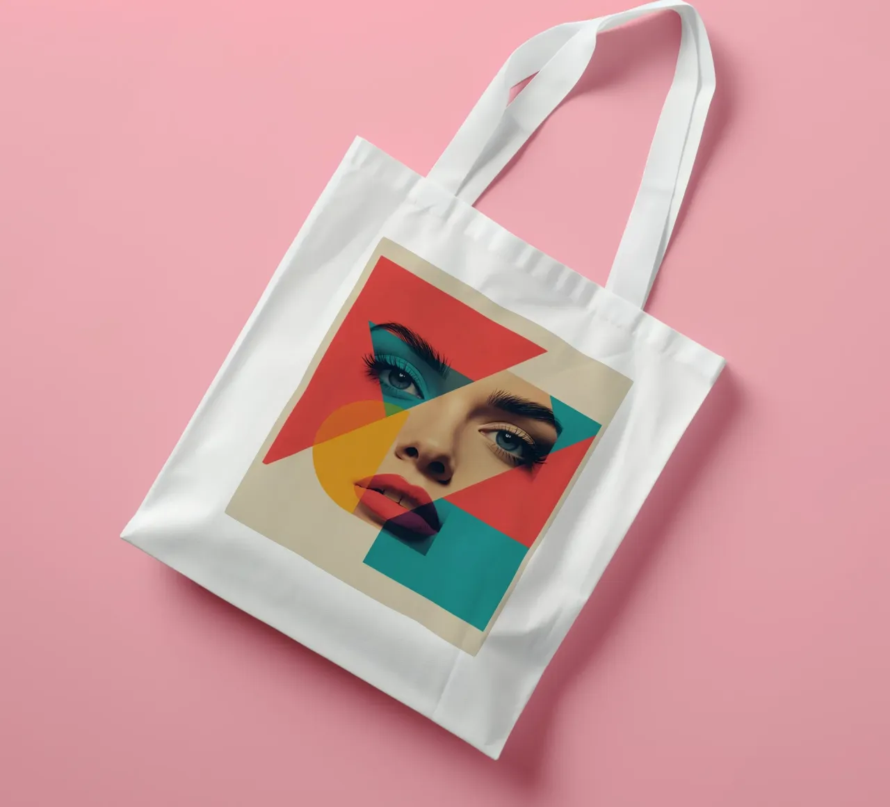 Modello di viso di donna con sovrapposizione di forme geometriche borsa in juta da DesignDoodle