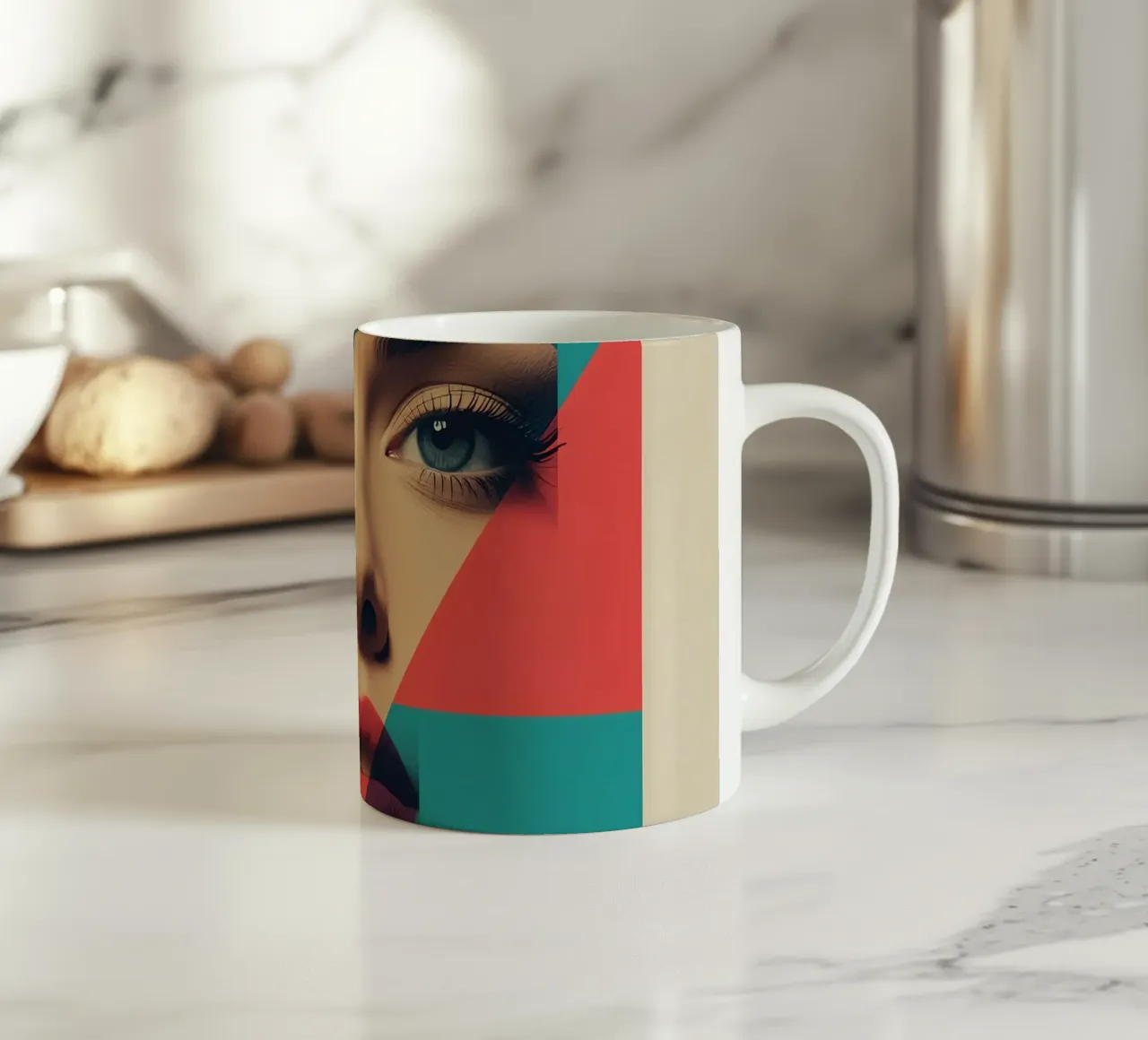 Modello di viso di donna con sovrapposizione di forme geometriche tazza in ceramica da DesignDoodle