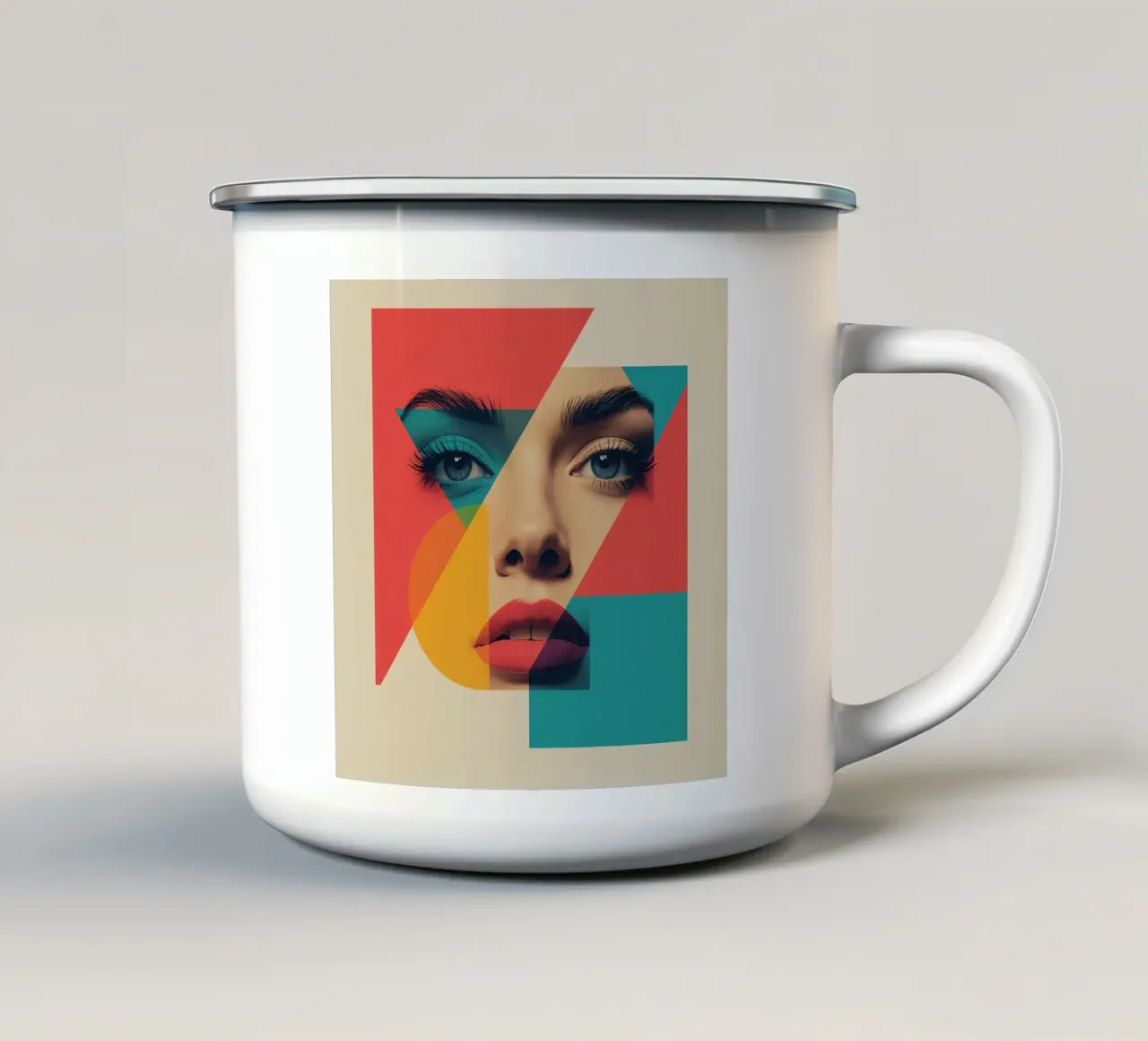 Modello di viso di donna con sovrapposizione di forme geometriche tazza in smalto da DesignDoodle