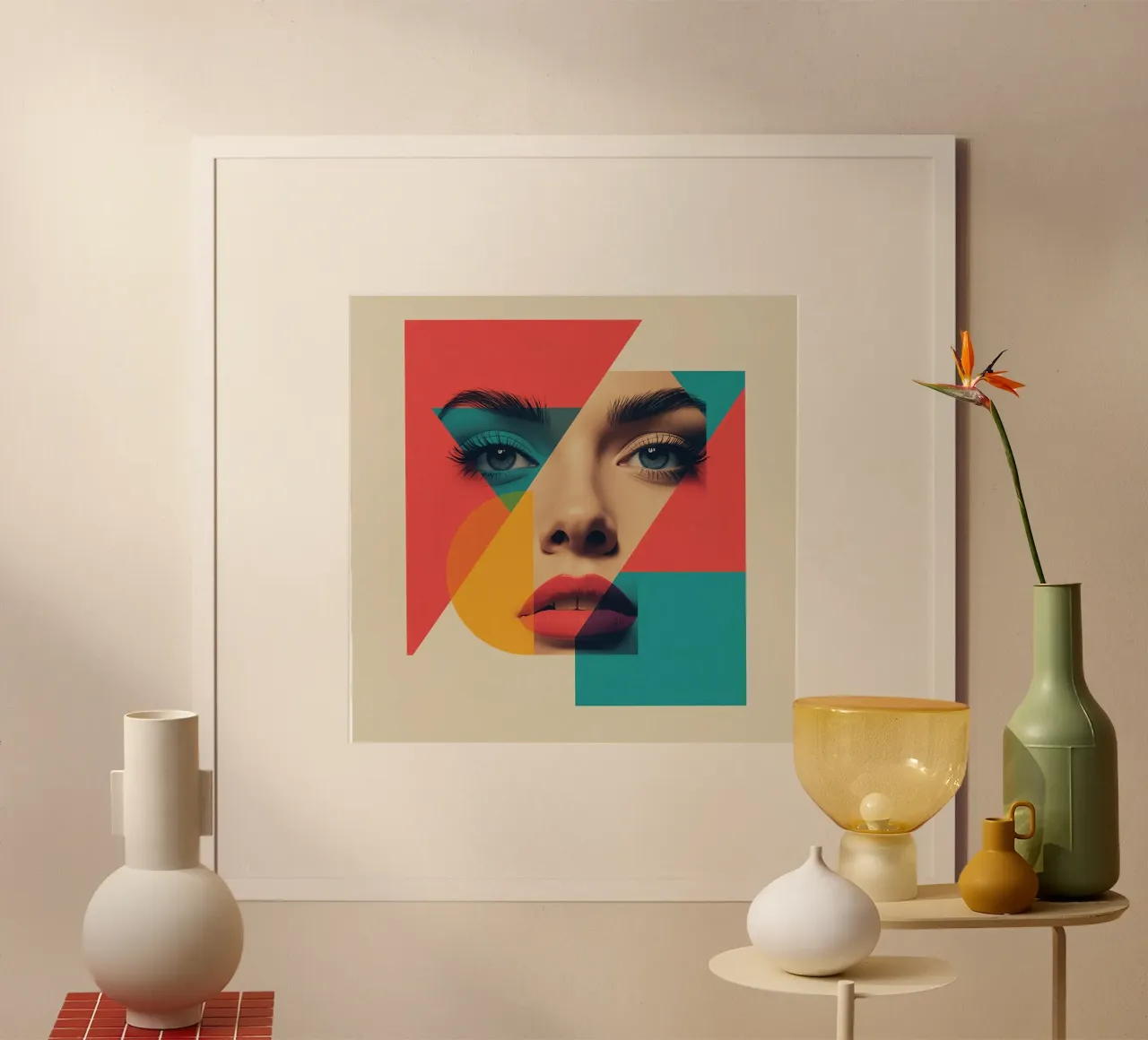 Modello di viso di donna con sovrapposizione di forme geometriche poster con telaio in plastica da DesignDoodle