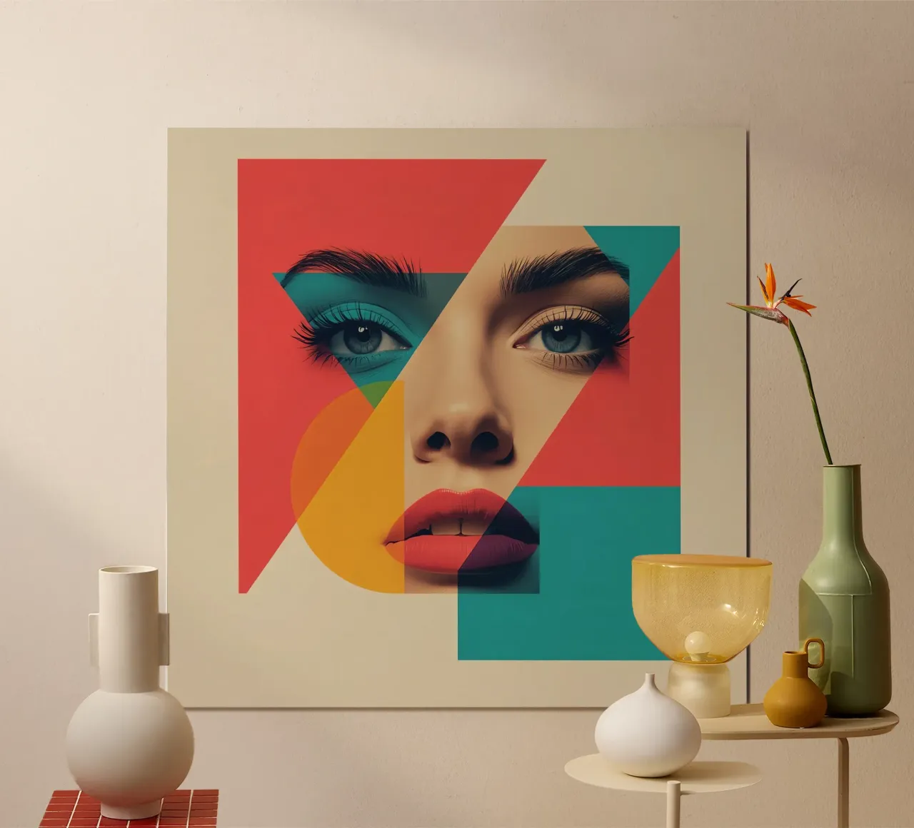 Modello di viso di donna con sovrapposizione di forme geometriche poster con telaio in plastica da DesignDoodle
