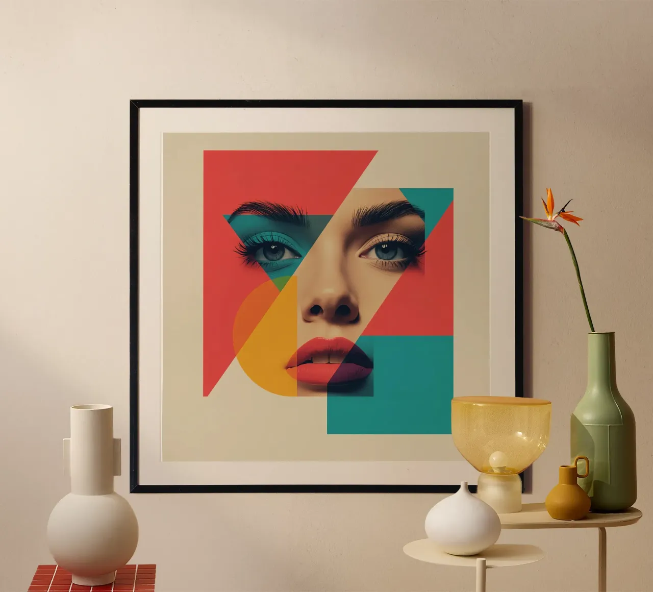 Modello di viso di donna con sovrapposizione di forme geometriche poster con telaio in plastica da DesignDoodle