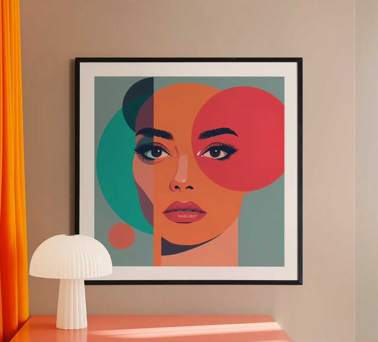 Volto di donna con forme geometriche poster con telaio in legno da DesignDoodle