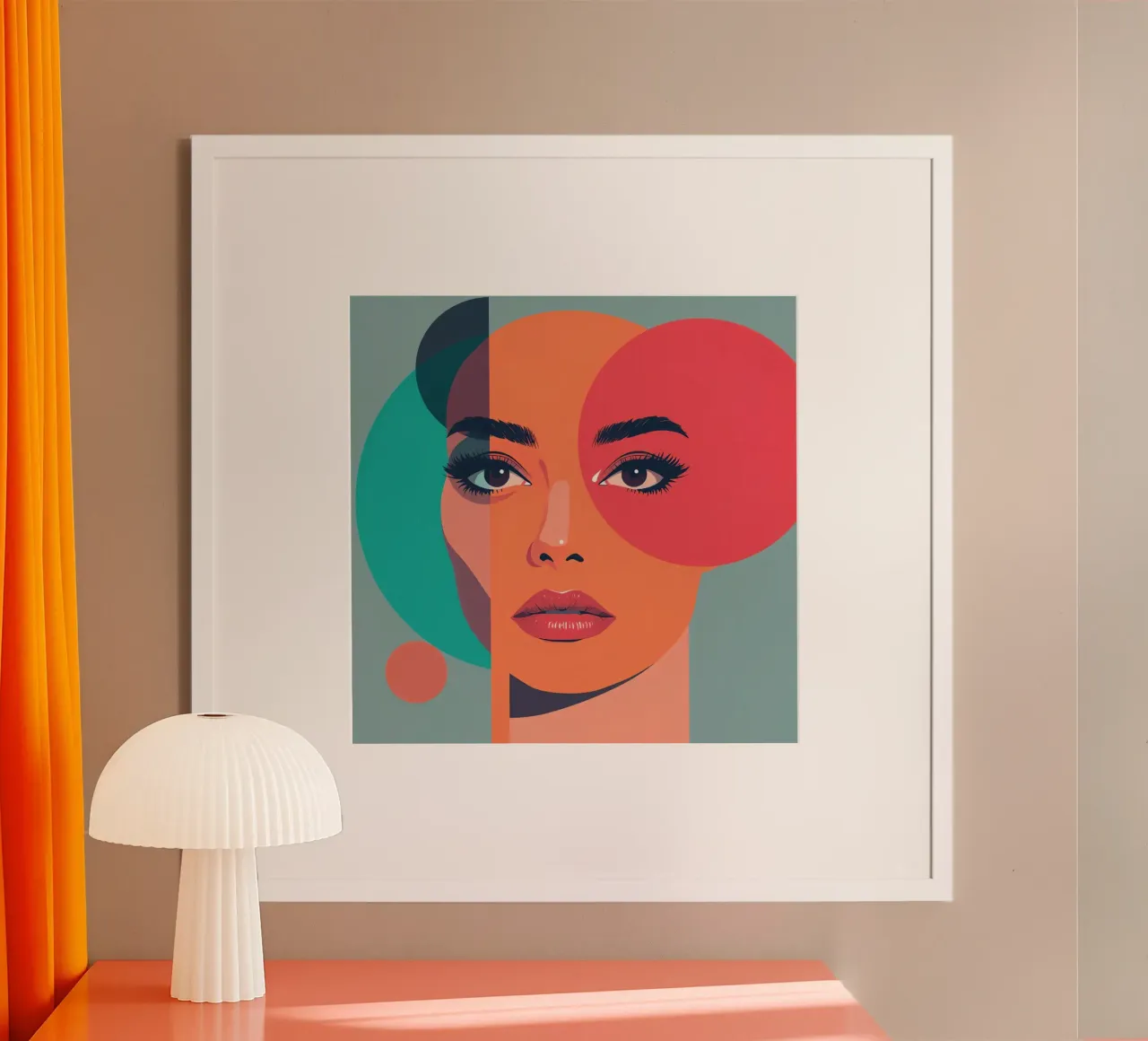 Volto di donna con forme geometriche poster con telaio in legno da DesignDoodle