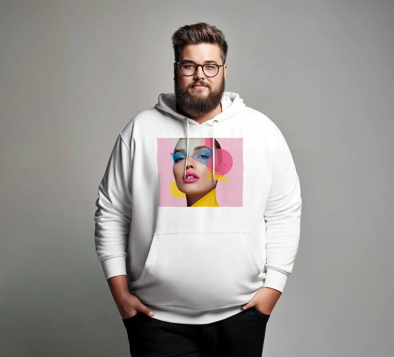 Volto di donna con forme geometriche colorate sfondo rosa felpa con cappuccio da DesignDoodle