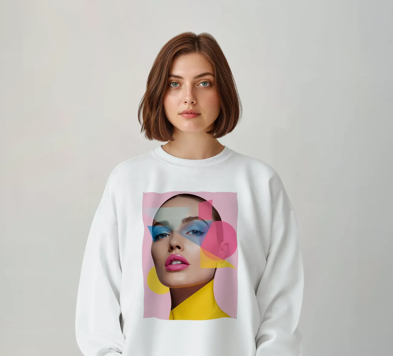 Volto di donna con forme geometriche colorate sfondo rosa felpa da DesignDoodle