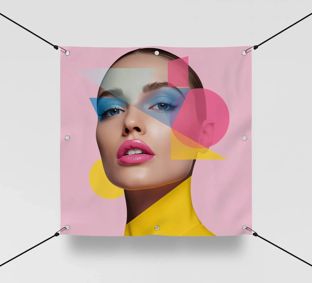 Volto di donna con forme geometriche colorate sfondo rosa telo in pvc da DesignDoodle