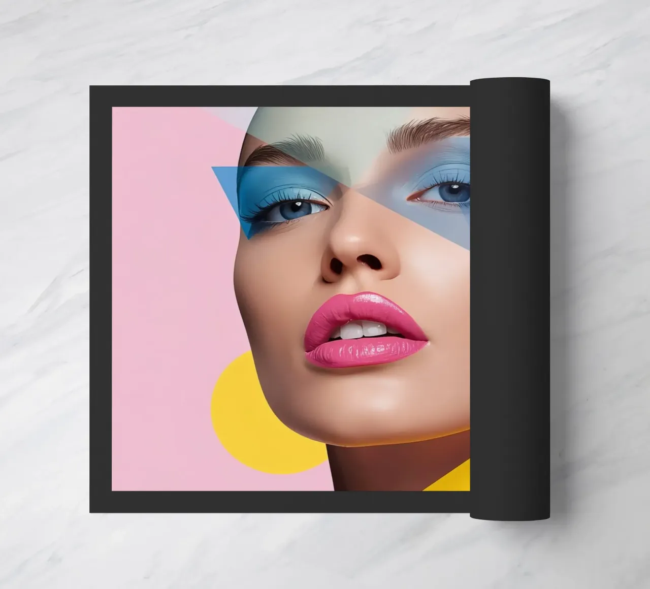 Volto di donna con forme geometriche colorate sfondo rosa zerbino da DesignDoodle