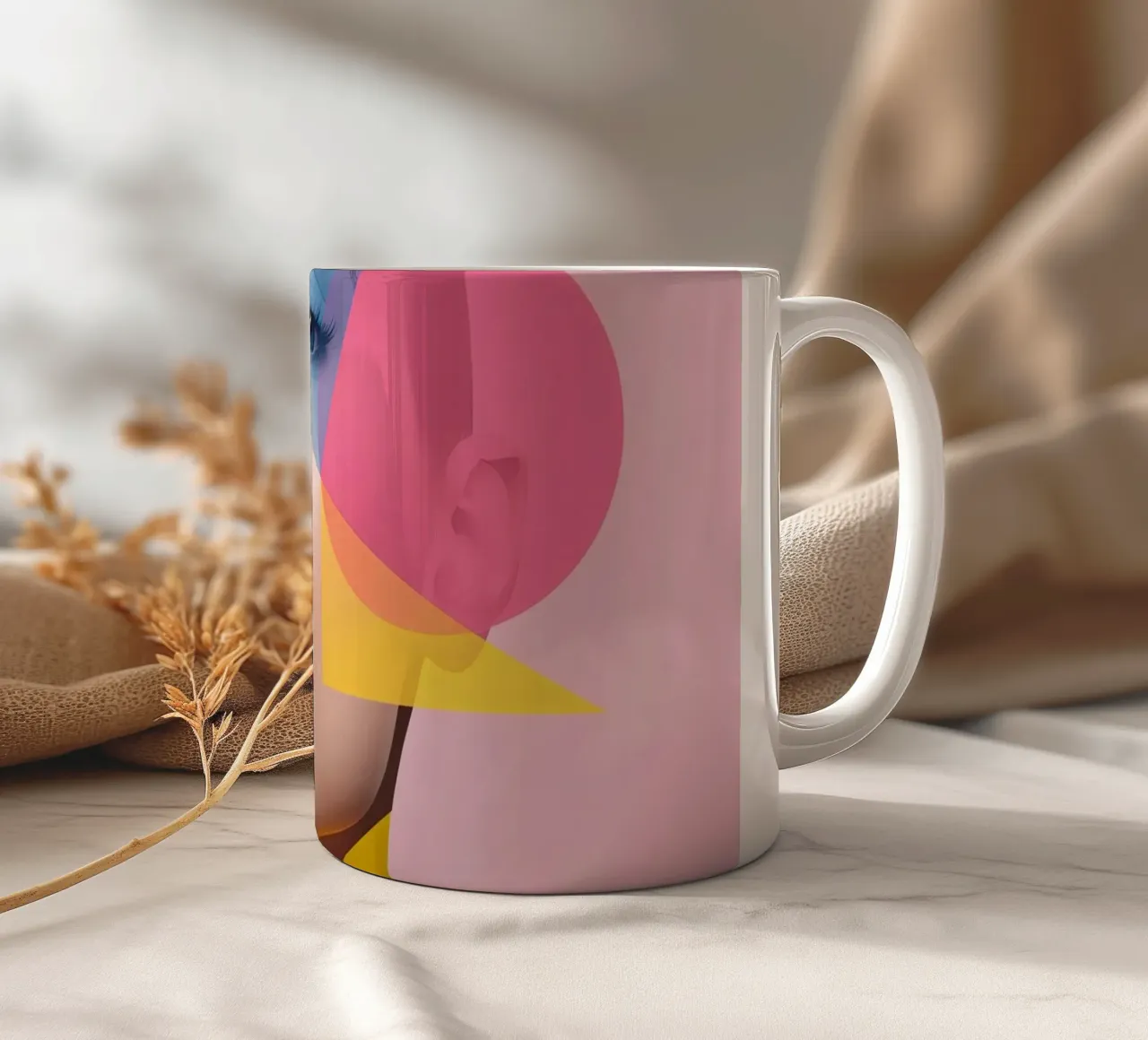 Volto di donna con forme geometriche colorate sfondo rosa tazza in ceramica da DesignDoodle