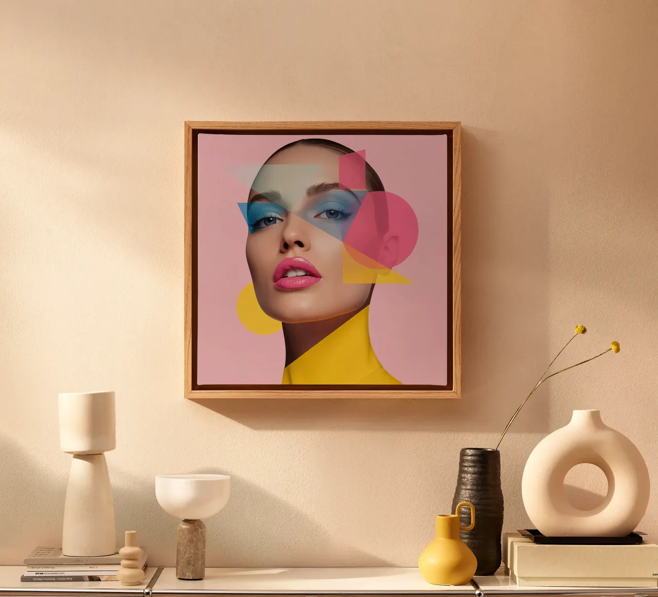 Volto di donna con forme geometriche colorate sfondo rosa tela con Cornice a cassetta da DesignDoodle