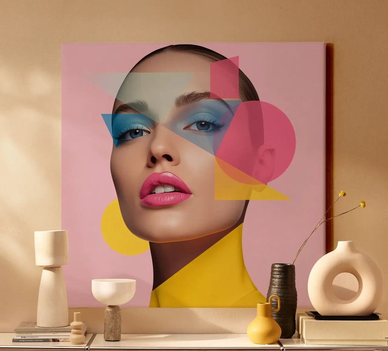 Volto di donna con forme geometriche colorate sfondo rosa tela con Cornice a cassetta da DesignDoodle
