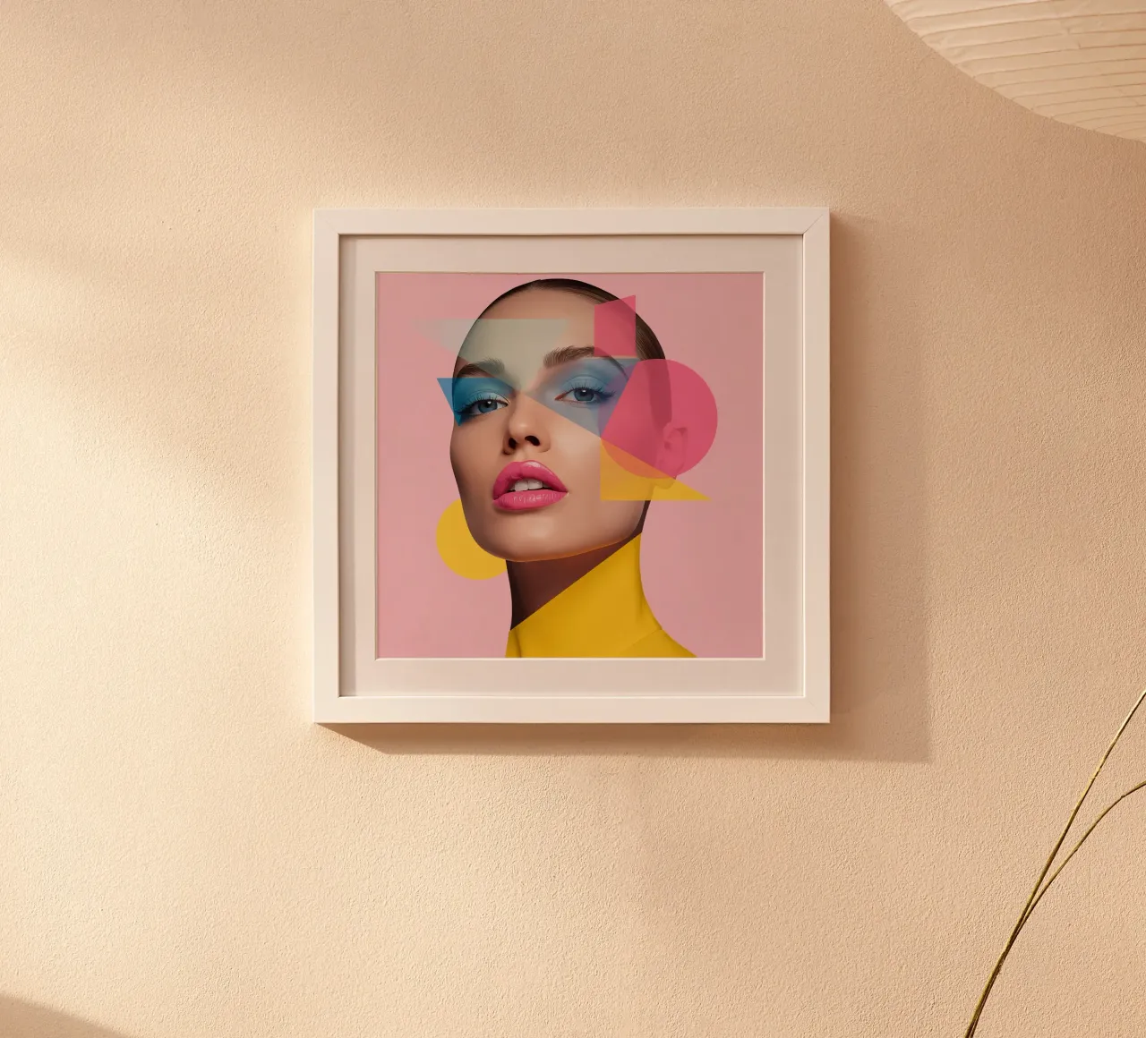 Volto di donna con forme geometriche colorate sfondo rosa poster con telaio in plastica da DesignDoodle