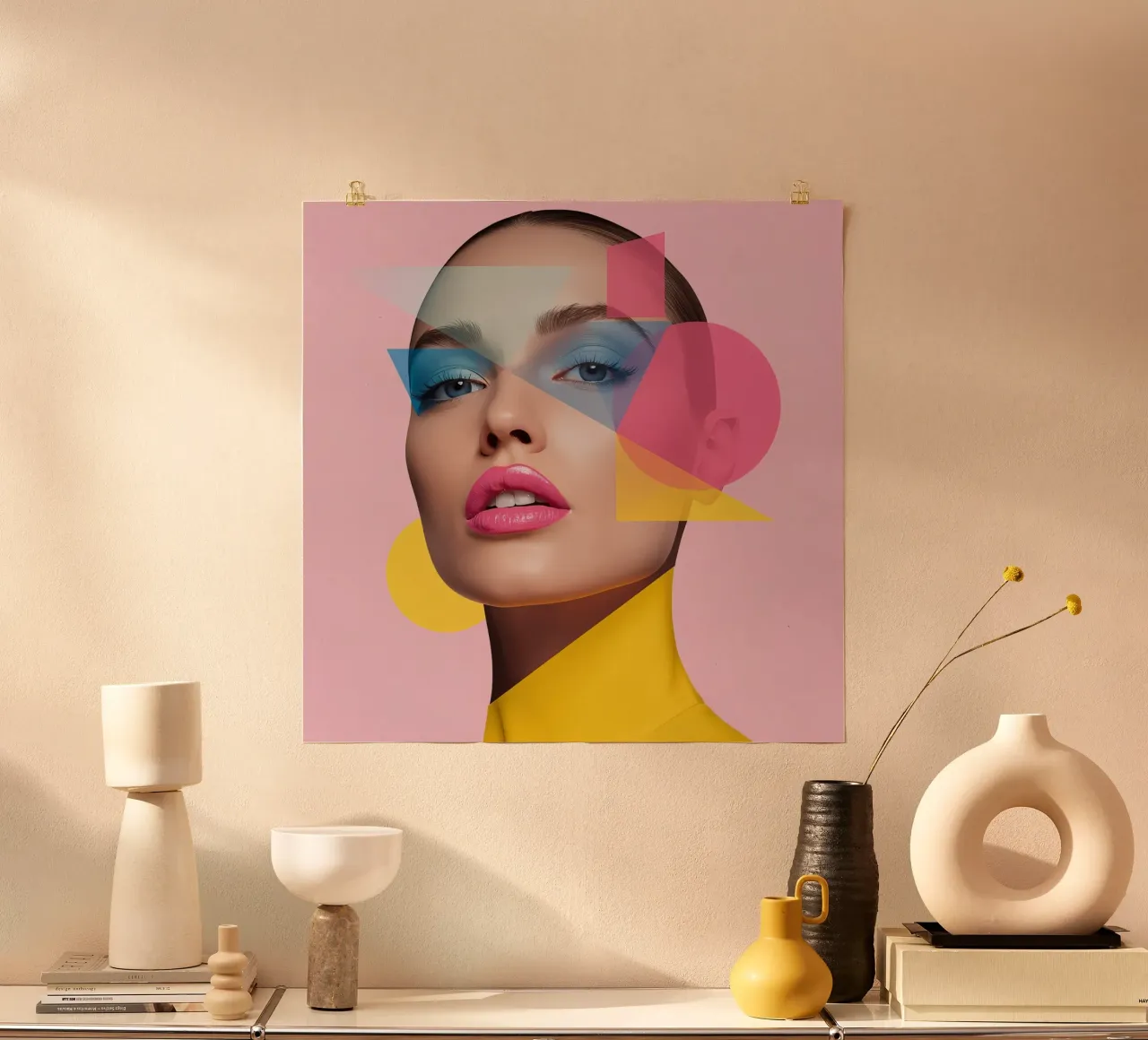 Volto di donna con forme geometriche colorate sfondo rosa poster con telaio in plastica da DesignDoodle