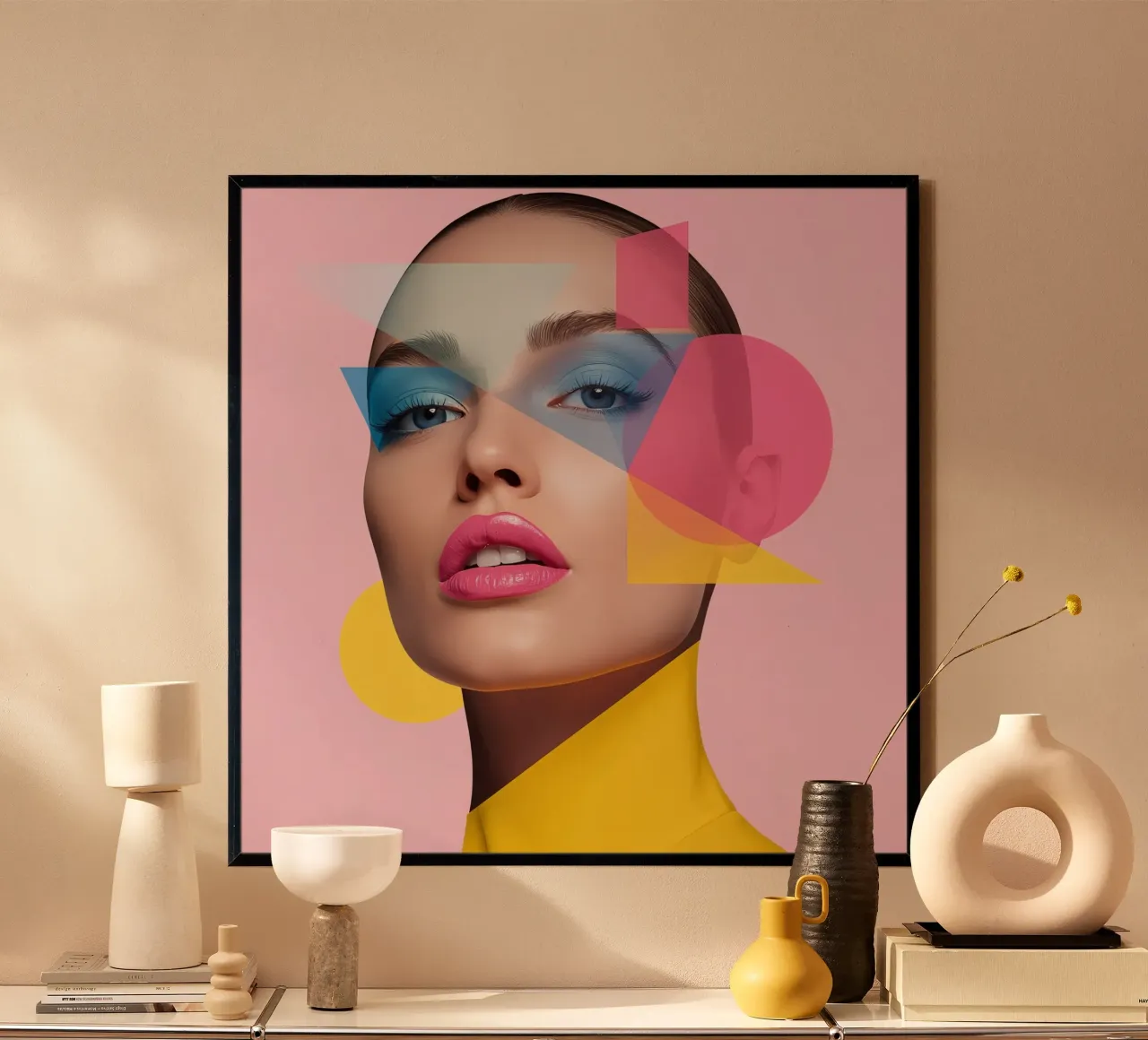 Volto di donna con forme geometriche colorate sfondo rosa poster con telaio in plastica da DesignDoodle