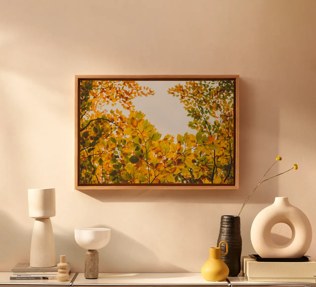 Autunno dorato - baldacchino di foglie colorate tela con Cornice a cassetta da Natur Wandbild — Orte für die Seele
