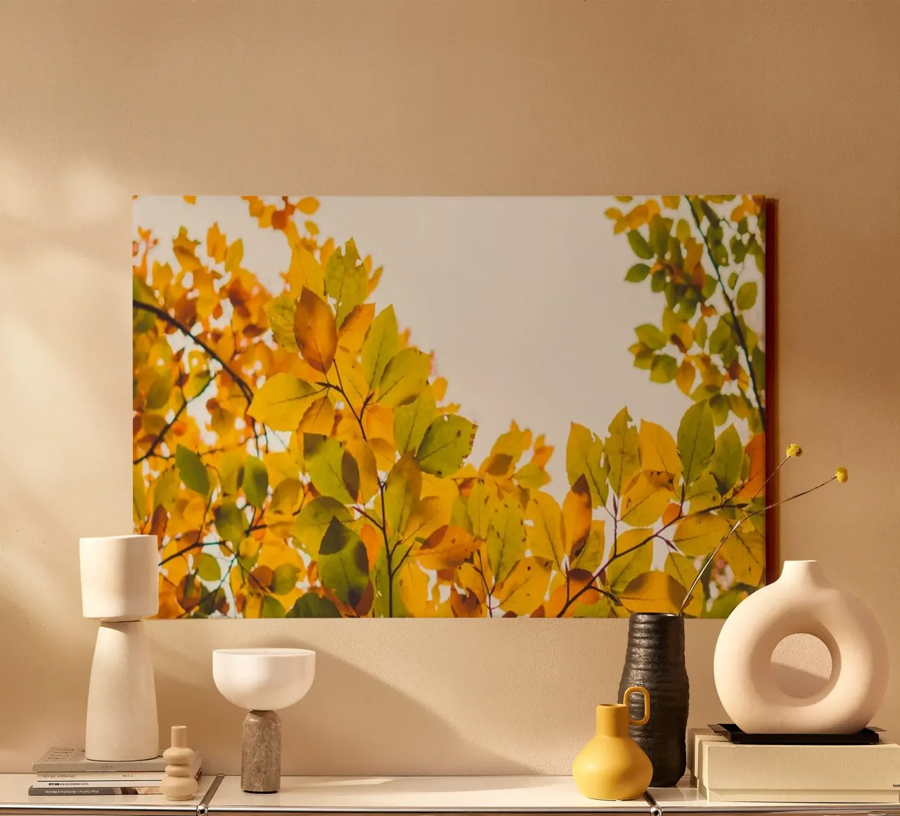 Autunno dorato - baldacchino di foglie colorate tela con Cornice a cassetta da Natur Wandbild — Orte für die Seele