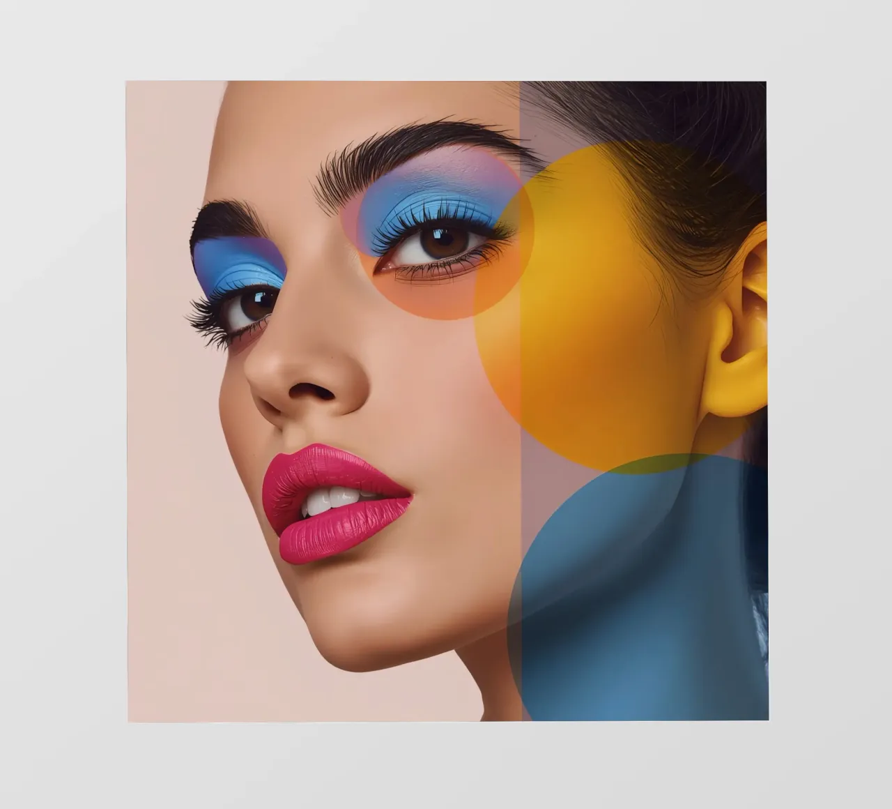 Volto di donna con trucco colorato e sovrapposizioni geometriche telo in pvc da DesignDoodle