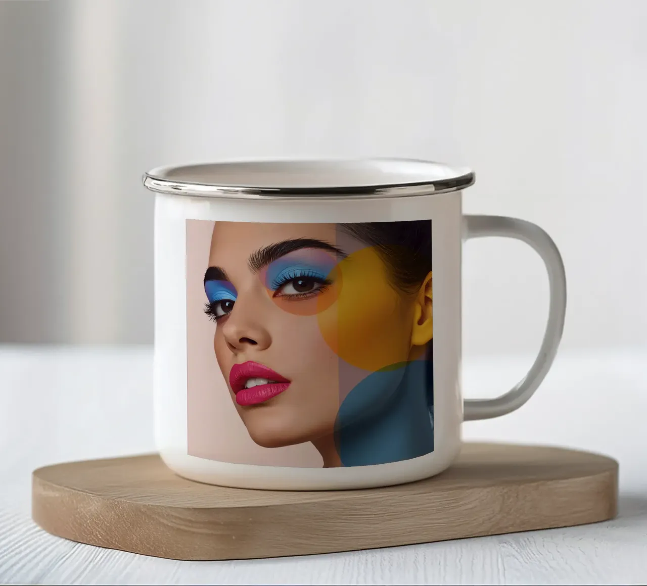 Volto di donna con trucco colorato e sovrapposizioni geometriche tazza in smalto da DesignDoodle