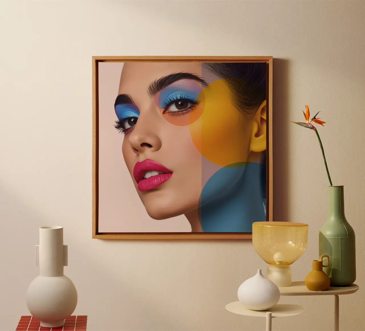 Volto di donna con trucco colorato e sovrapposizioni geometriche tela con Cornice a cassetta da DesignDoodle