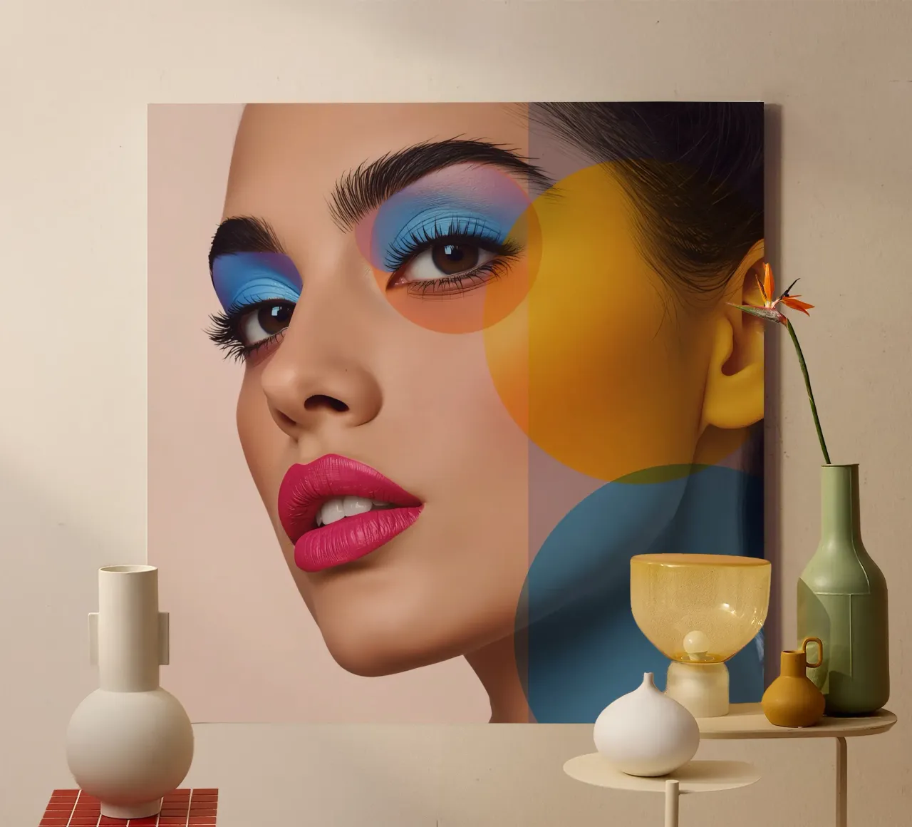 Volto di donna con trucco colorato e sovrapposizioni geometriche tela con Cornice a cassetta da DesignDoodle