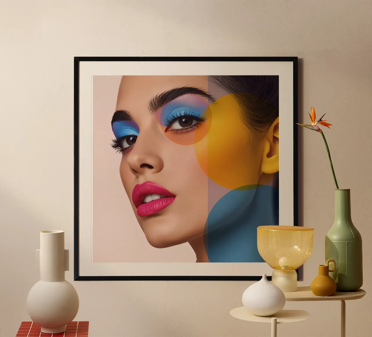 Volto di donna con trucco colorato e sovrapposizioni geometriche poster con telaio in alluminio da DesignDoodle