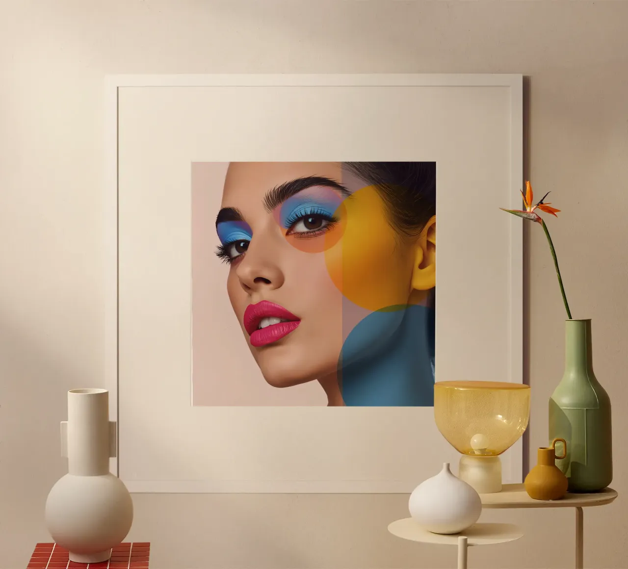 Volto di donna con trucco colorato e sovrapposizioni geometriche poster con telaio in alluminio da DesignDoodle