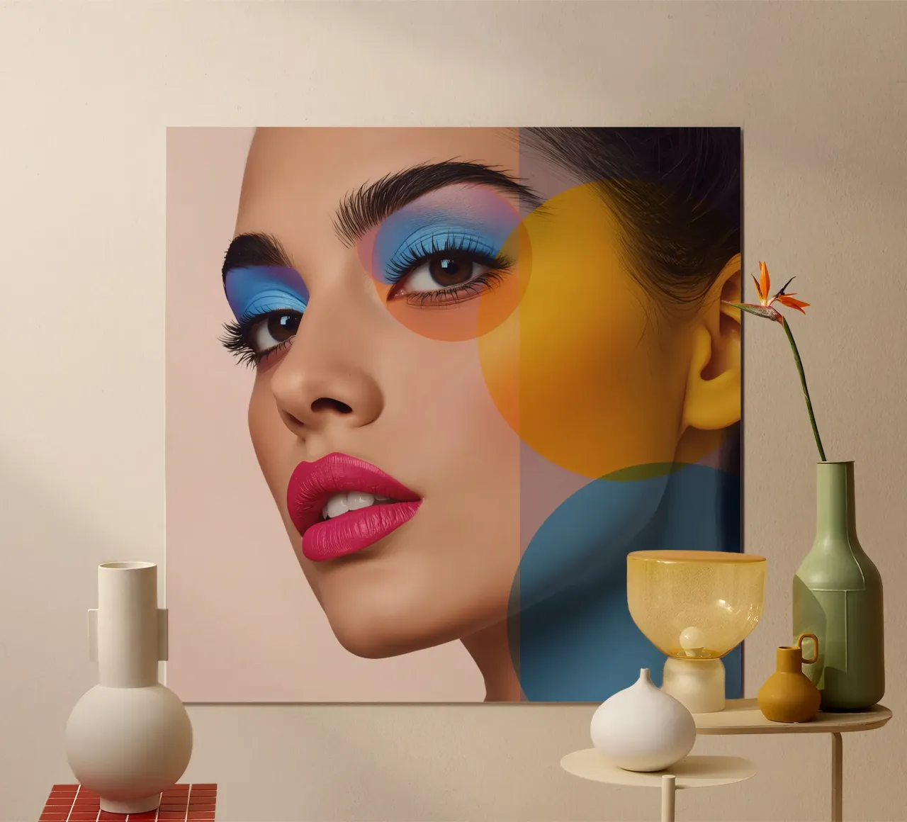 Volto di donna con trucco colorato e sovrapposizioni geometriche poster con telaio in alluminio da DesignDoodle