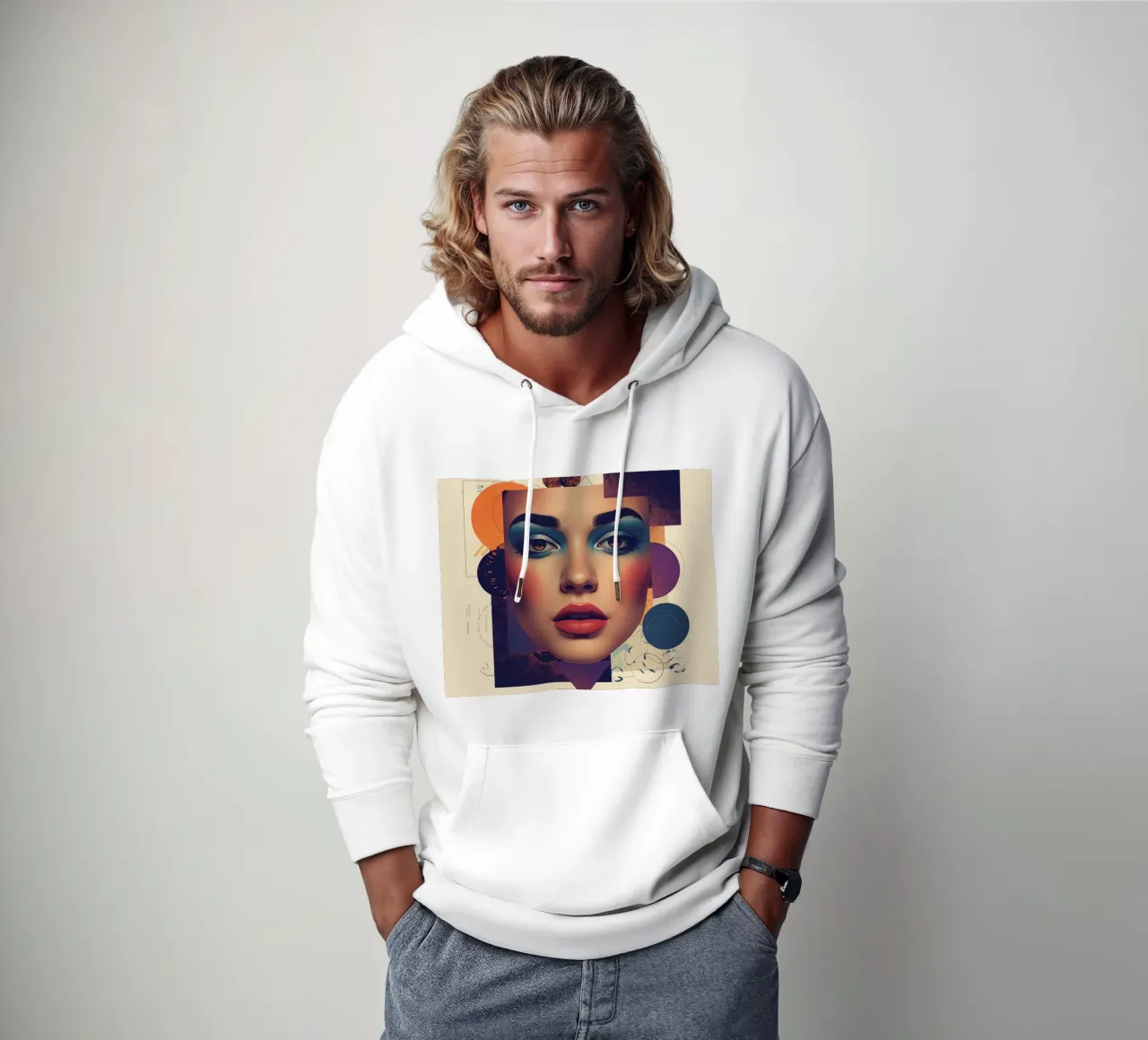 Volto di donna con trucco e forme geometriche pastello felpa con cappuccio da DesignDoodle