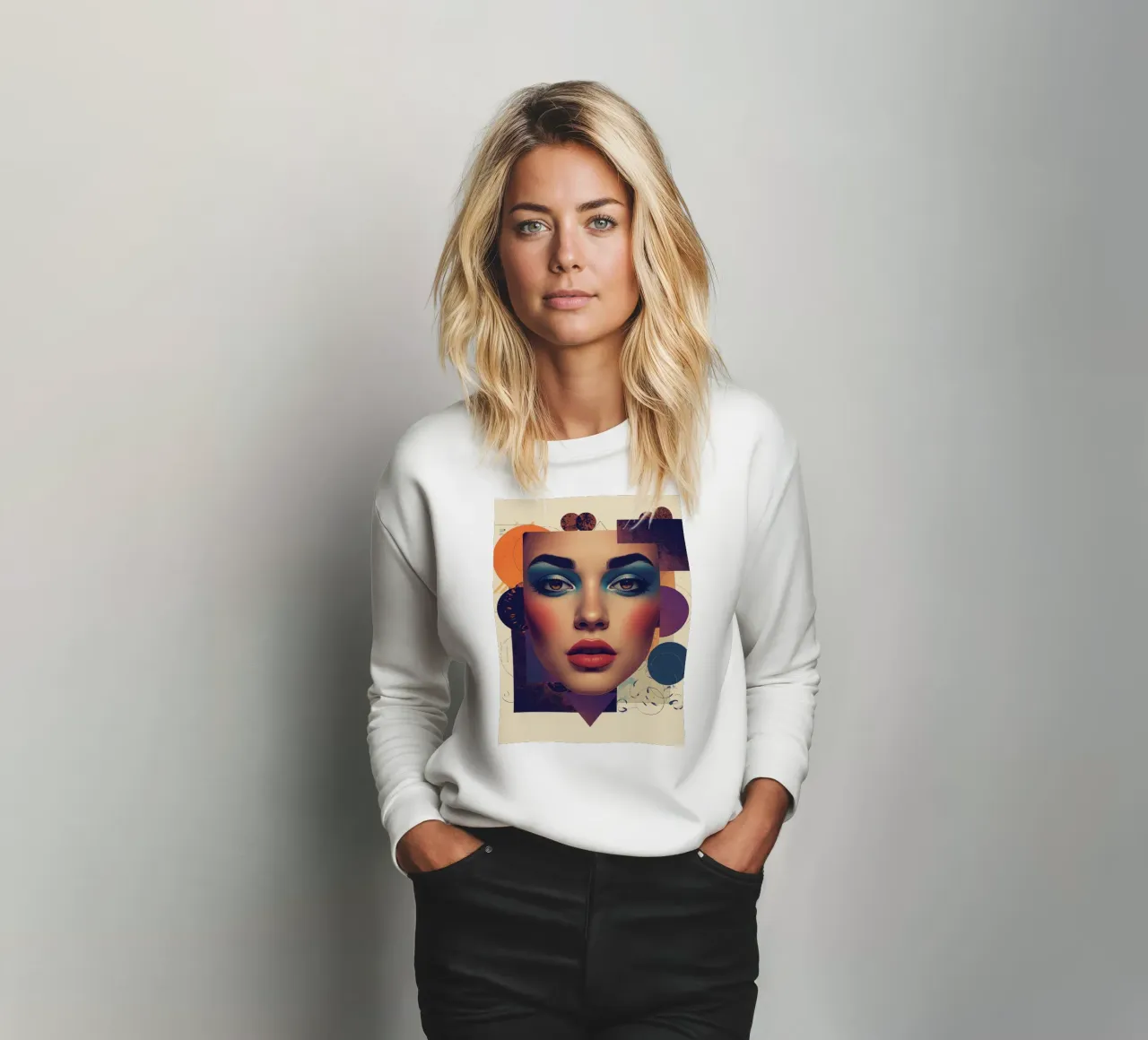 Volto di donna con trucco e forme geometriche pastello felpa da DesignDoodle