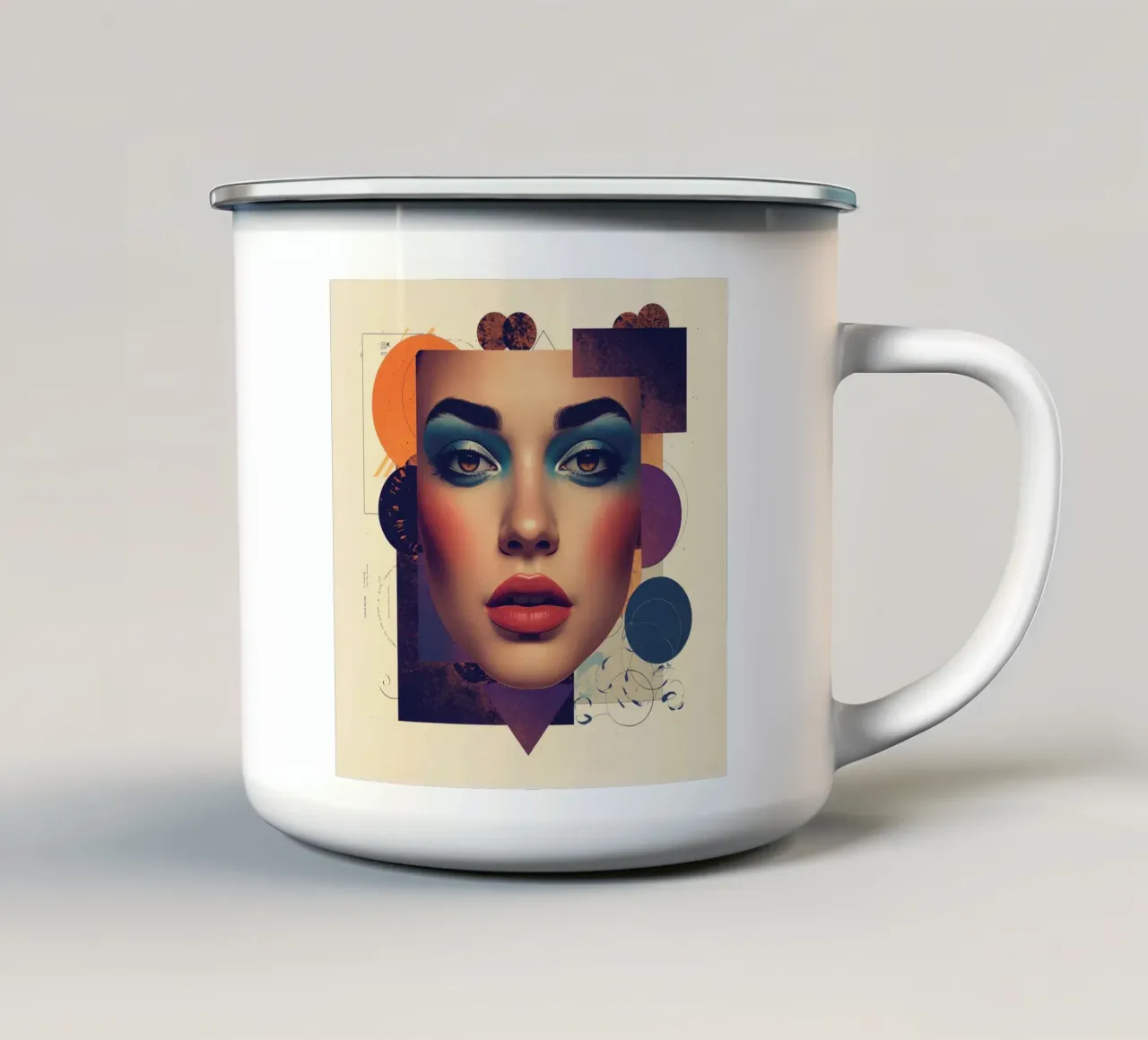 Volto di donna con trucco e forme geometriche pastello tazza in smalto da DesignDoodle