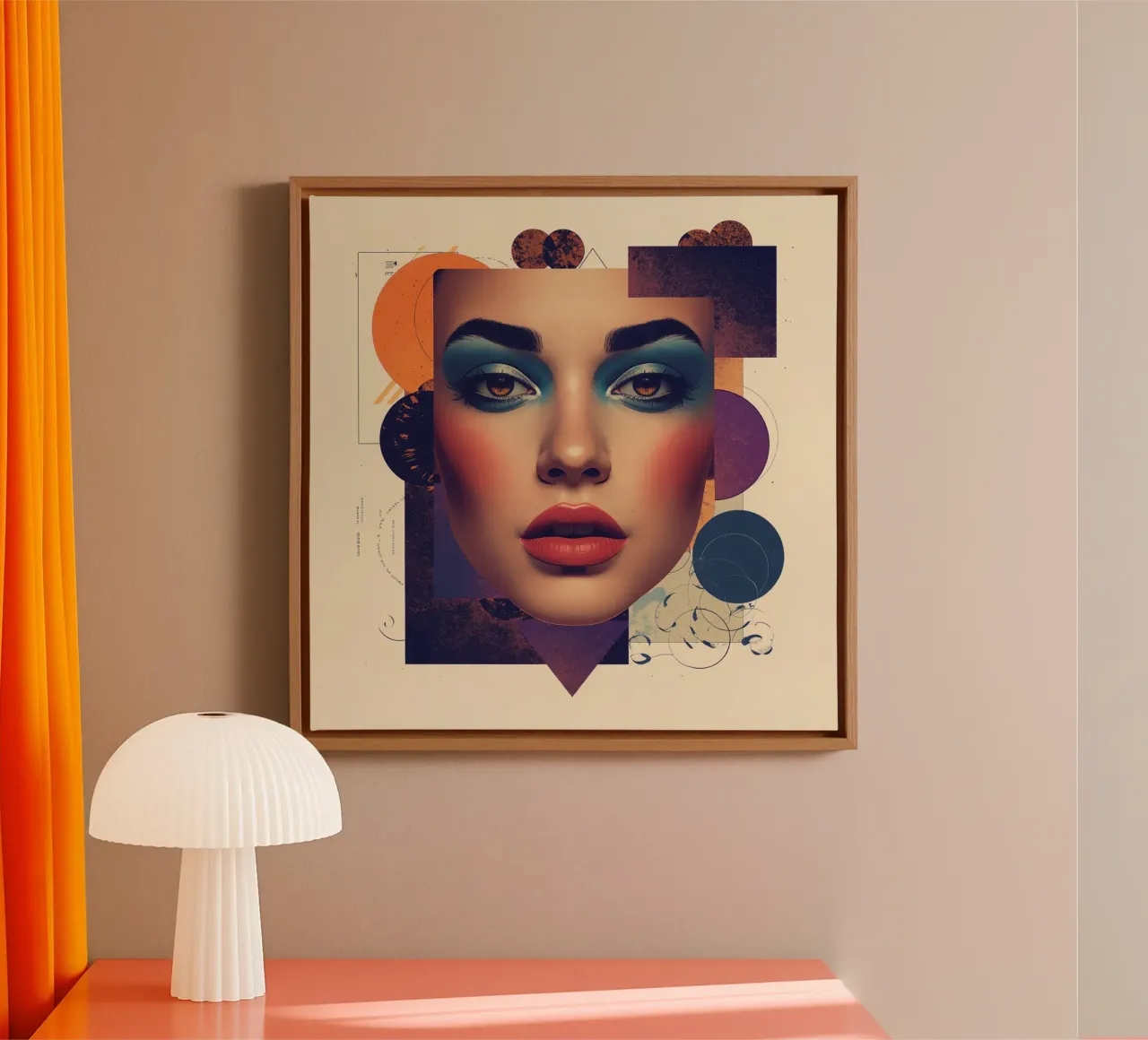 Volto di donna con trucco e forme geometriche pastello tela con Cornice a cassetta da DesignDoodle