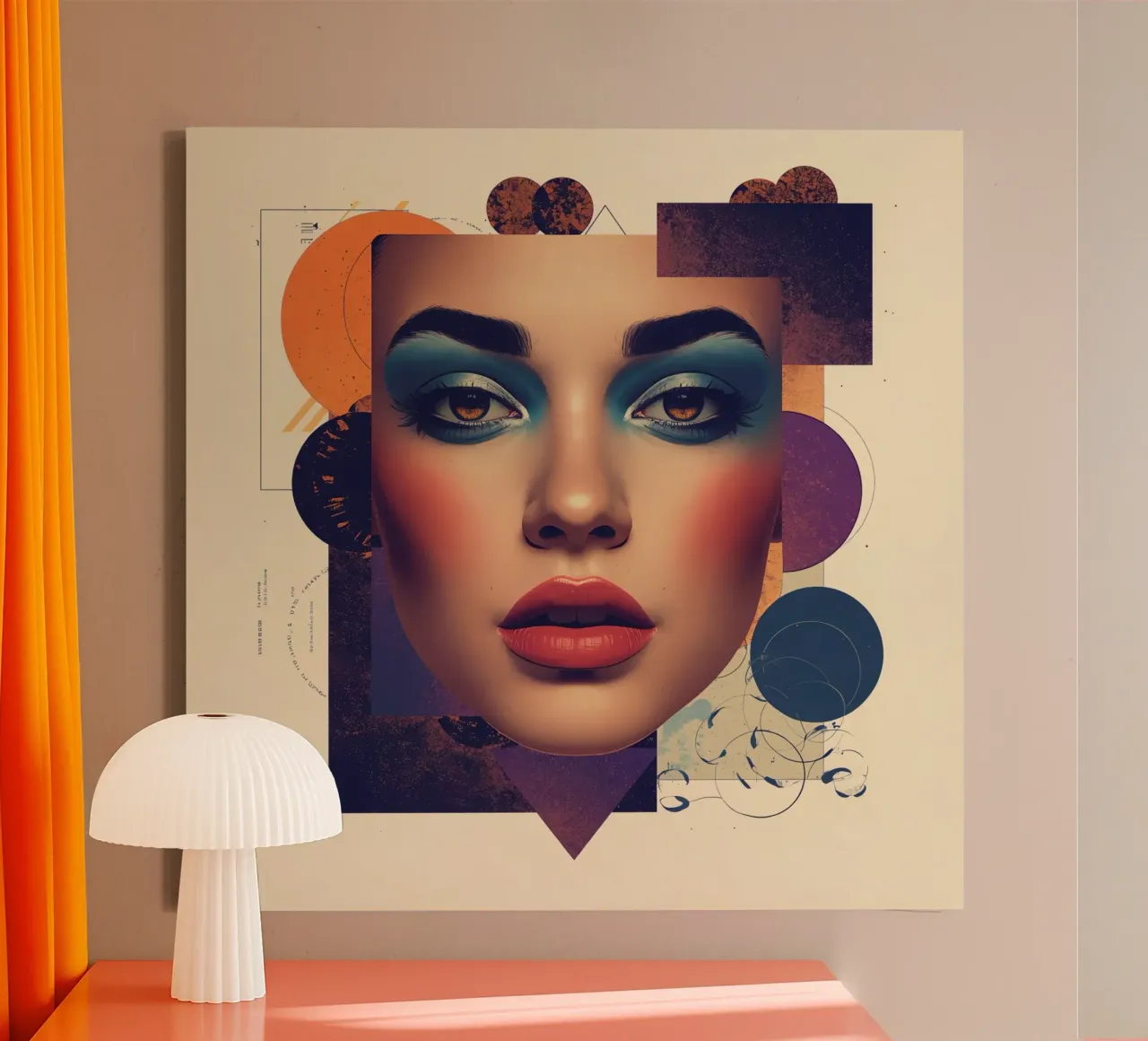 Volto di donna con trucco e forme geometriche pastello tela con Cornice a cassetta da DesignDoodle