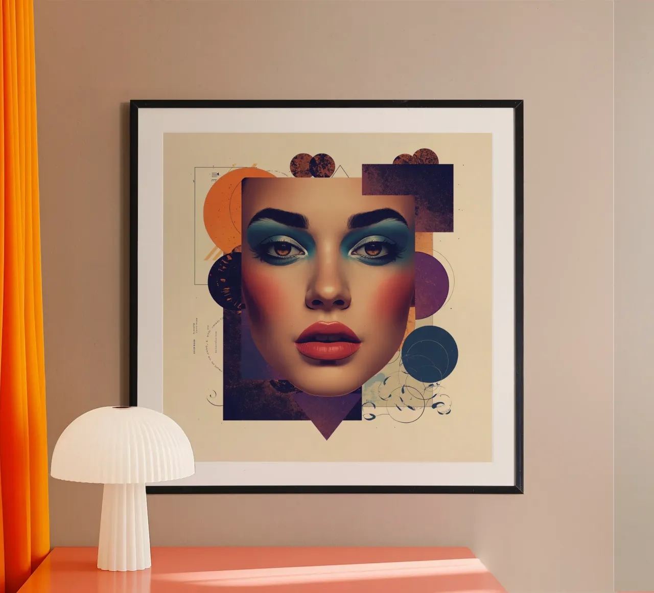 Volto di donna con trucco e forme geometriche pastello poster con telaio in plastica da DesignDoodle