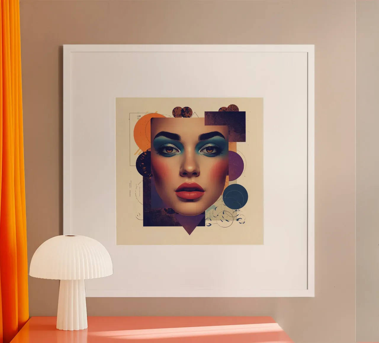 Volto di donna con trucco e forme geometriche pastello poster con telaio in plastica da DesignDoodle