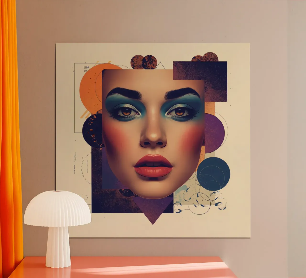 Volto di donna con trucco e forme geometriche pastello poster con telaio in plastica da DesignDoodle