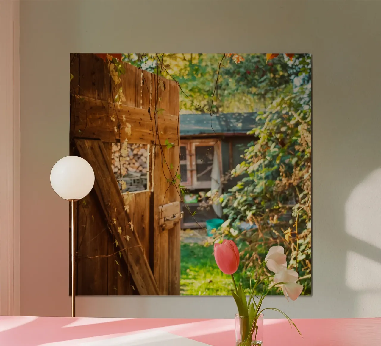 Gartentür in den goldener Herbst Poster mit Holzrahmen von Natur Wandbild — Orte für die Seele